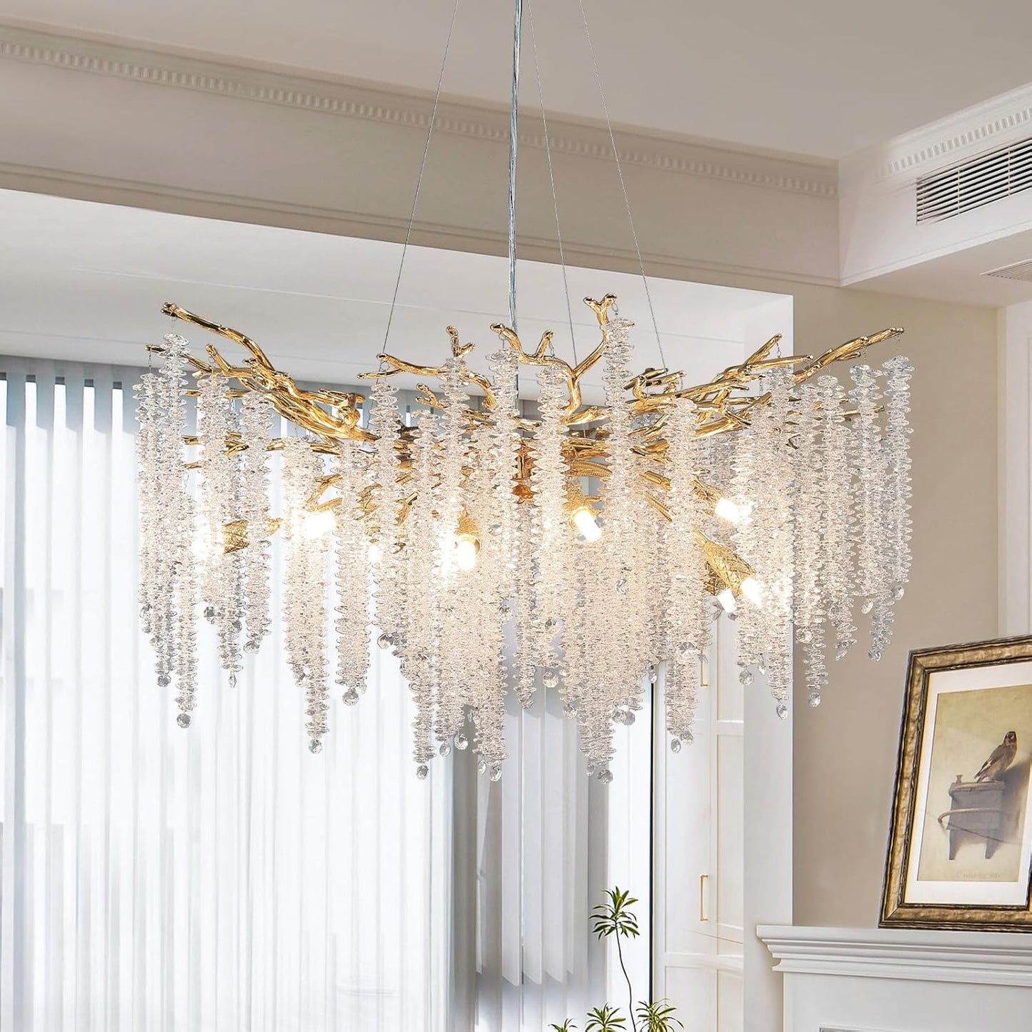 30in. 10-Light Modern Crystal Chandelier, Gold Round Luxury Tree Branch Chandelier for Dining Room, Living Room, Bedroom