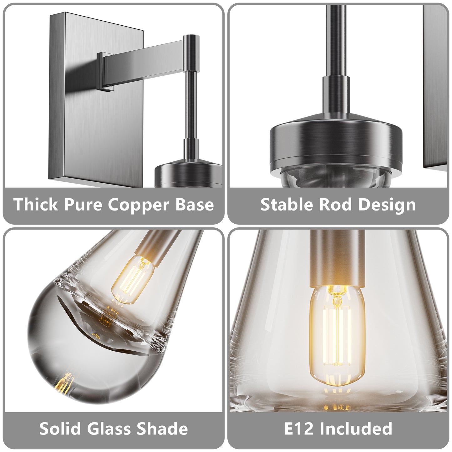 17.7 in. 1 Light Silver Wall Sconce, Raindrop Wall Lighting with Hand Blown Solid Glass, Brass Base and Rod (1 Set)