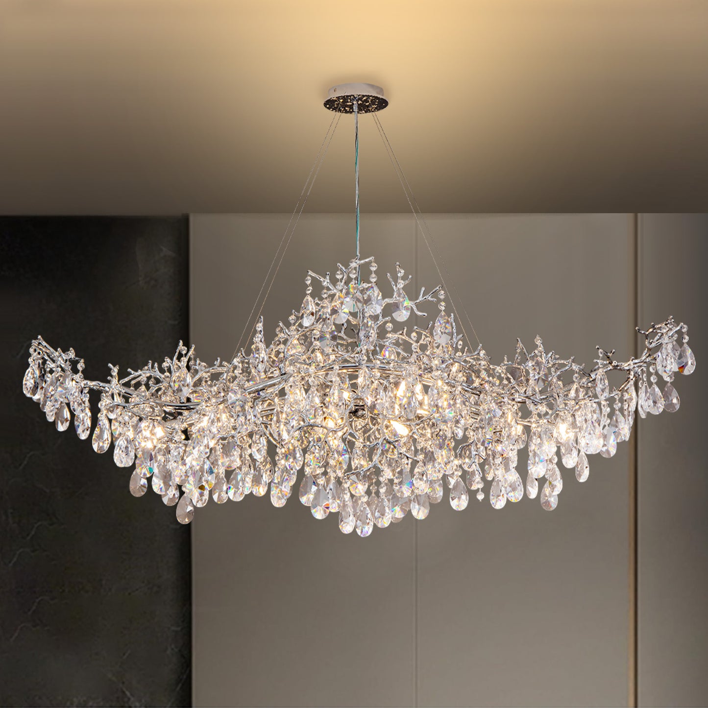 47.2" 14-Lights Silver Luxury Crystal Linear Chandelier, Modern Branch Chandelier for Dinning Room, Kitchen, Living Room