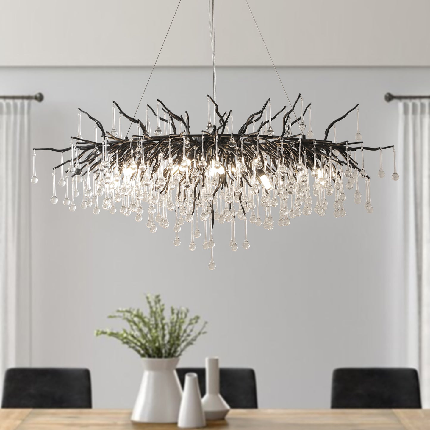 Modern Chandelier 47 in. 13-Lights Black Luxury Crystal Globe Linear Chandelier for Dining Room, Kitchen Island, Foyer