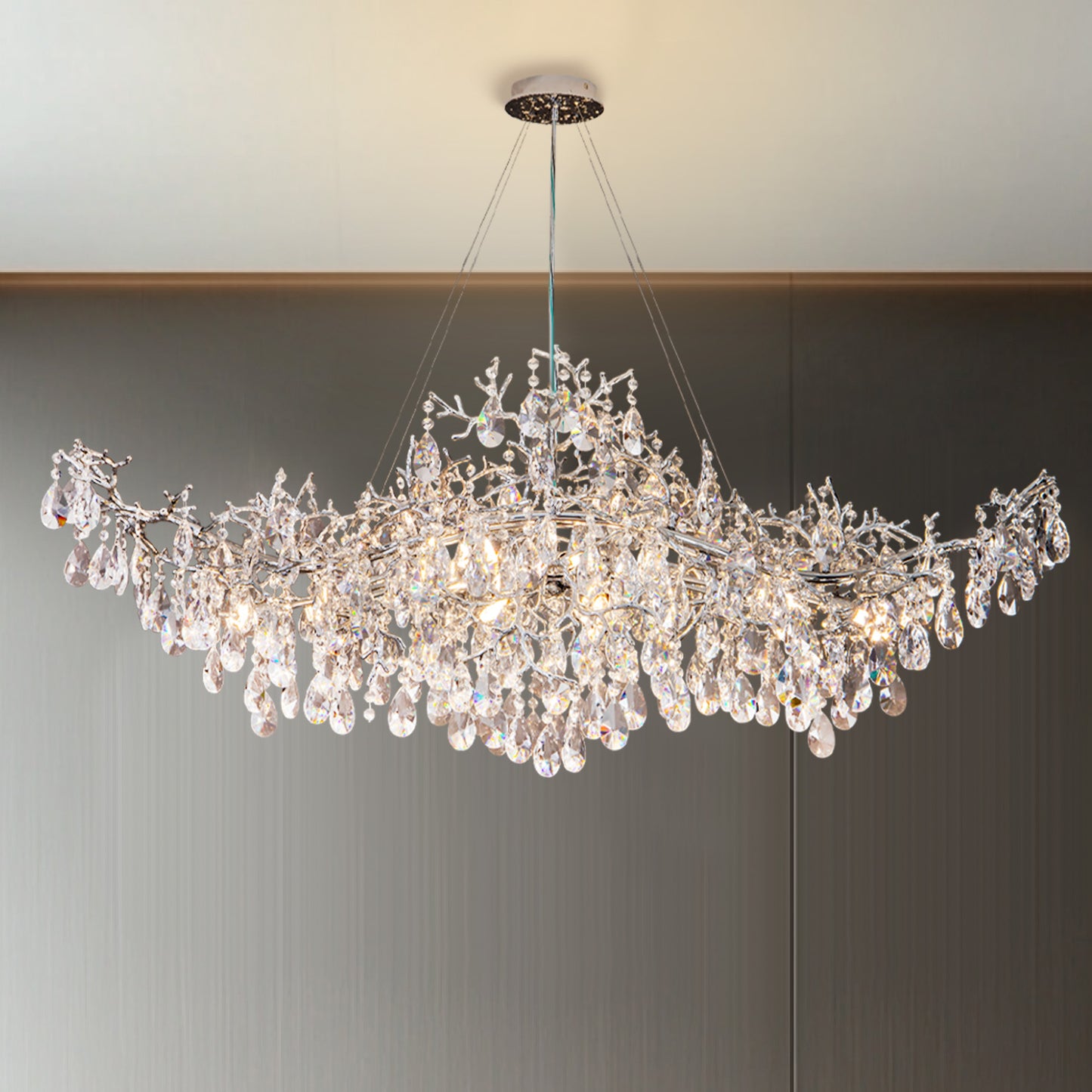 47.2" 14-Lights Silver Luxury Crystal Linear Chandelier, Modern Branch Chandelier for Dinning Room, Kitchen, Living Room
