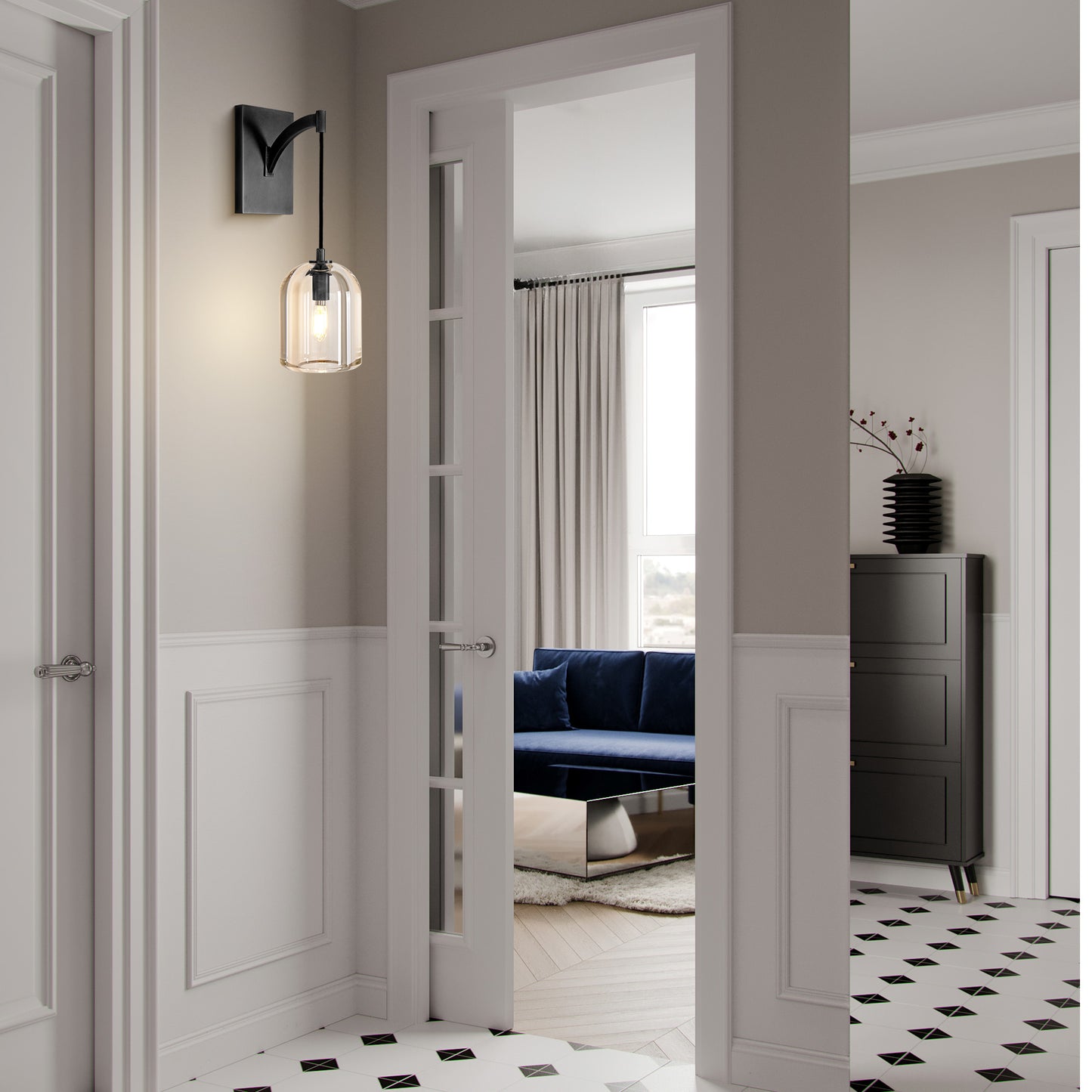 5.1in W 16.5 in. H 1-Light Black Modern Crystal Wall Sconce, Indoor Hemisphere Wall Lighting with Clear Crystal Shade