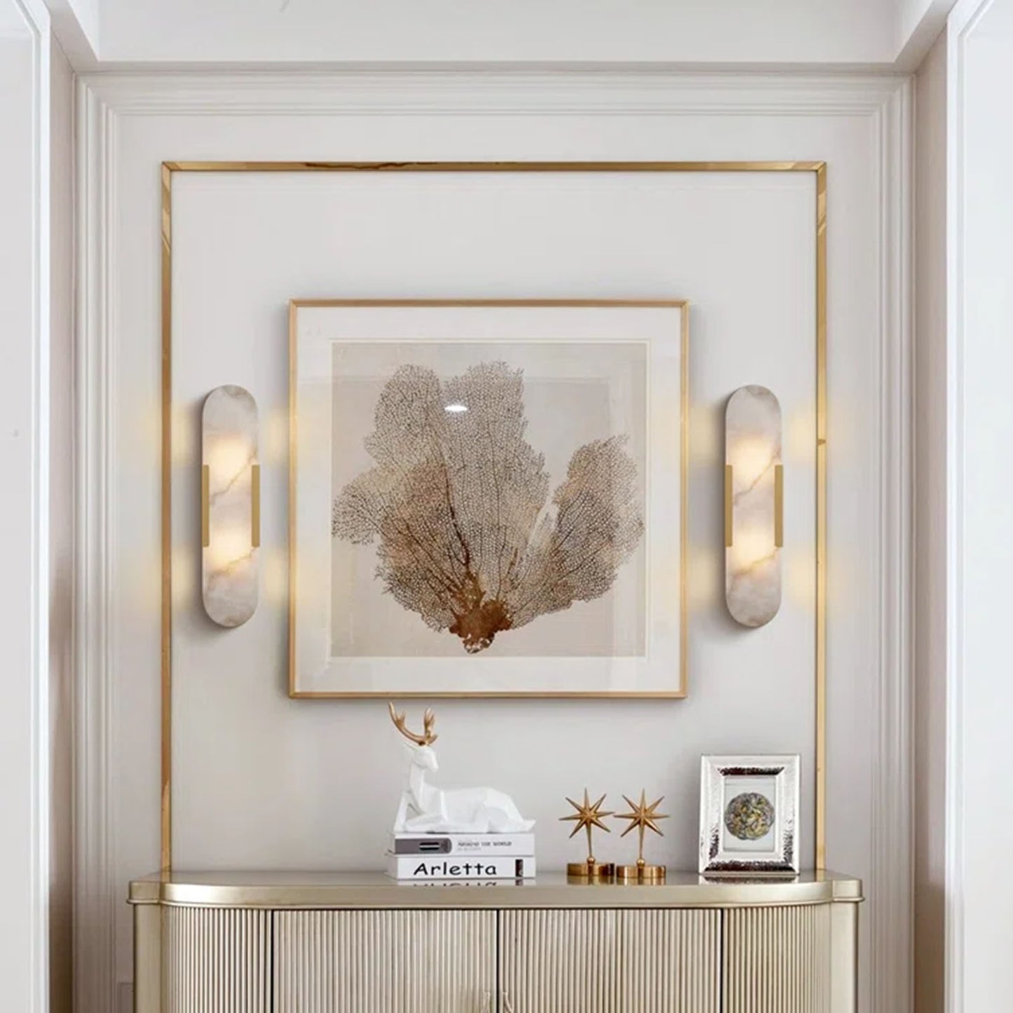 19.8 in. 2-Light Alabaster Gold Wall Sconce, Natural Marble Wall Light for Living Room, Dining Room, Bedroom (2-Sets)