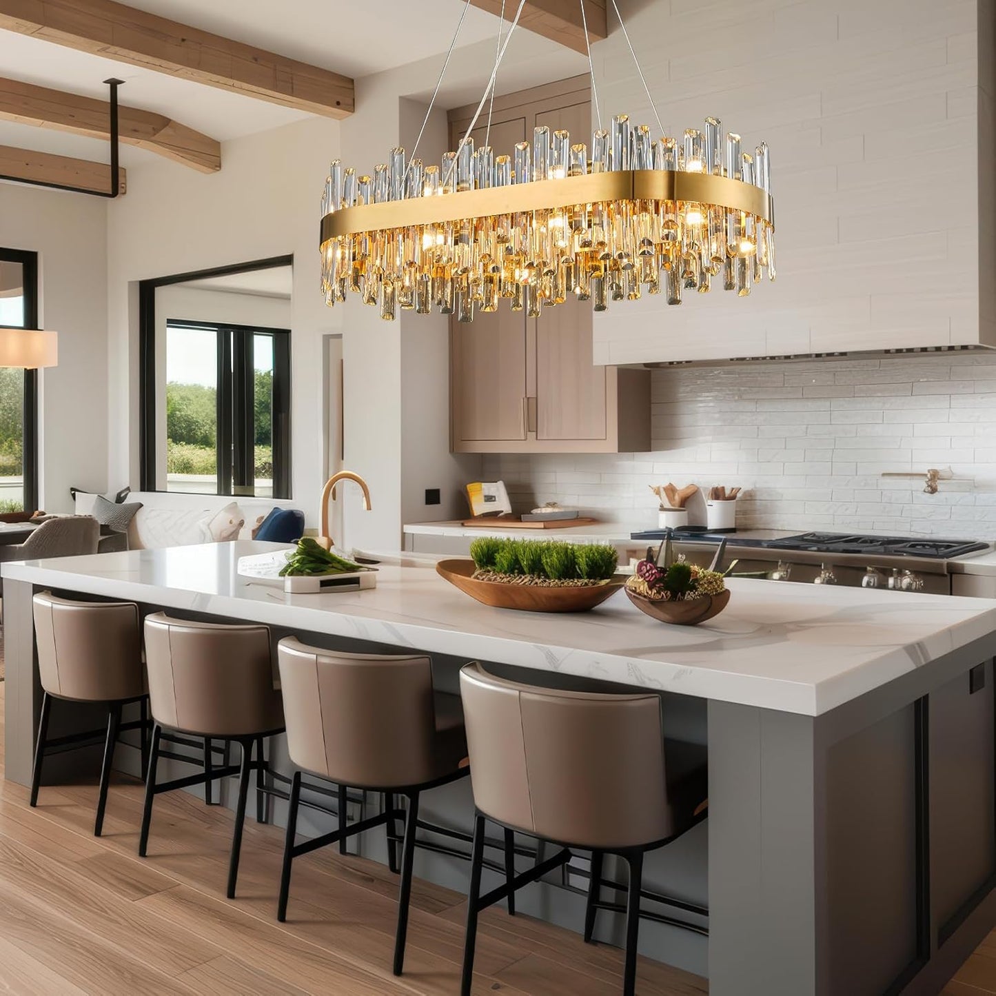Farmhouse 35.4 in. 16-Light Gold Chandelier, Modern Rectangular K9 Crystal Chandelier for Dining Room, Kitchen Island