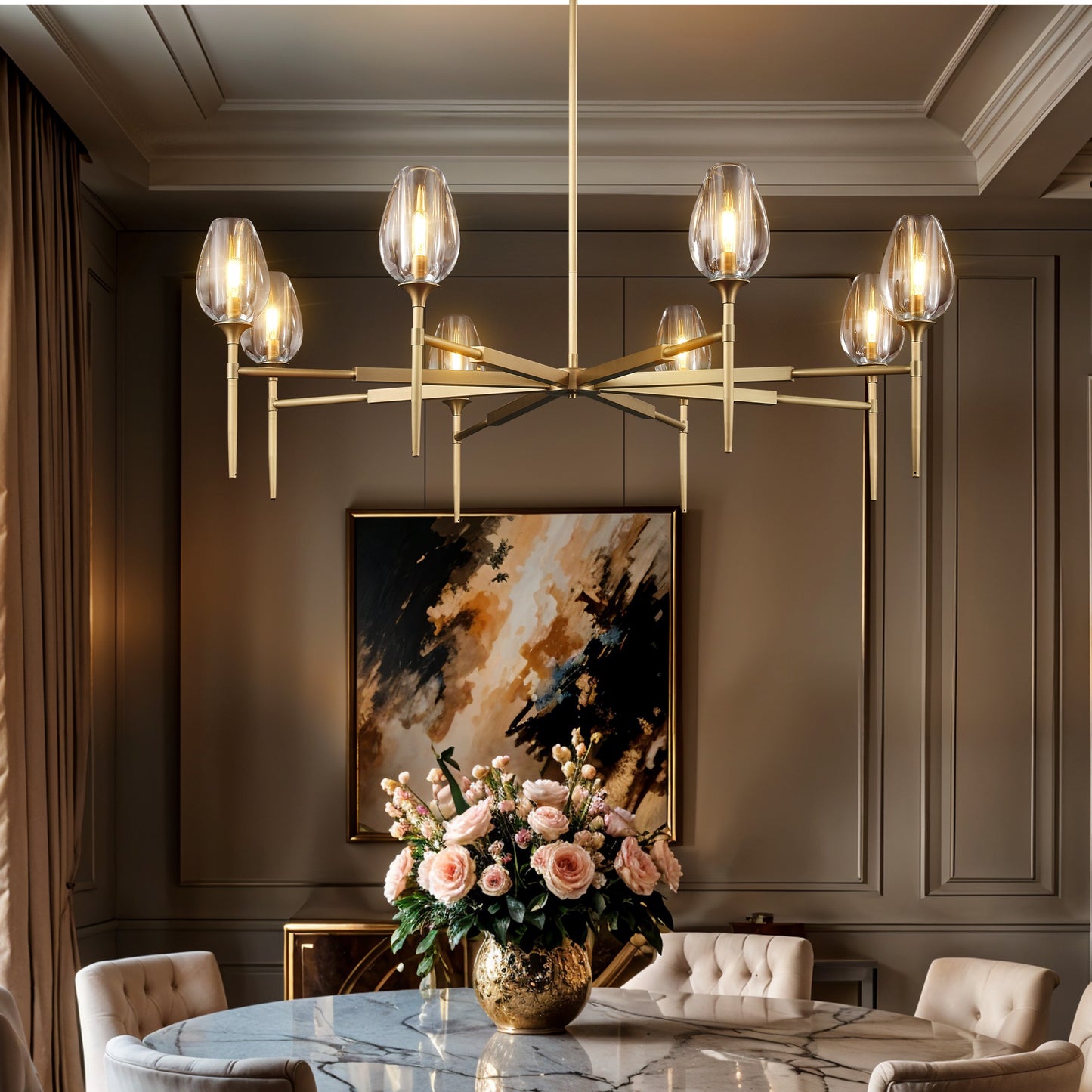 Modern Tulip Chandelier 54 in. 8-Light Gold Tulip Round Chandelier for Dining Room, Living Room, Foyer, Hallway