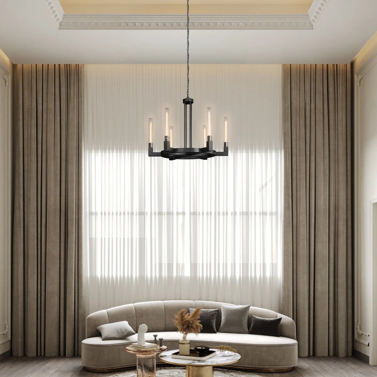 35 in. 6-Light Farmhouse Chandelier, Black Wagon Wheel Chandelier with Glass Tube for Dining Room, Living Room, Entryway