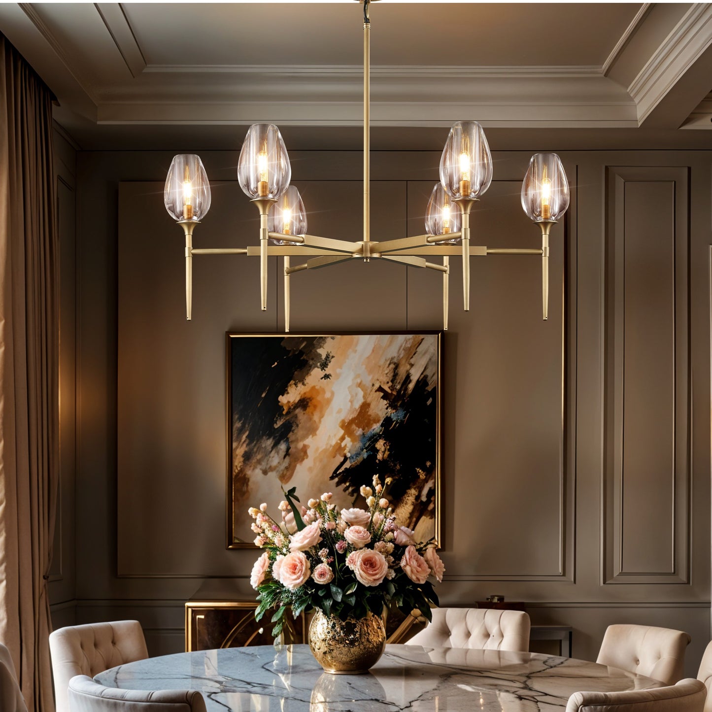 Modern Tulip Chandelier 42 in. 6-Light Gold Tulip Round Chandelier for Dining Room, Living Room, Foyer, Hallway