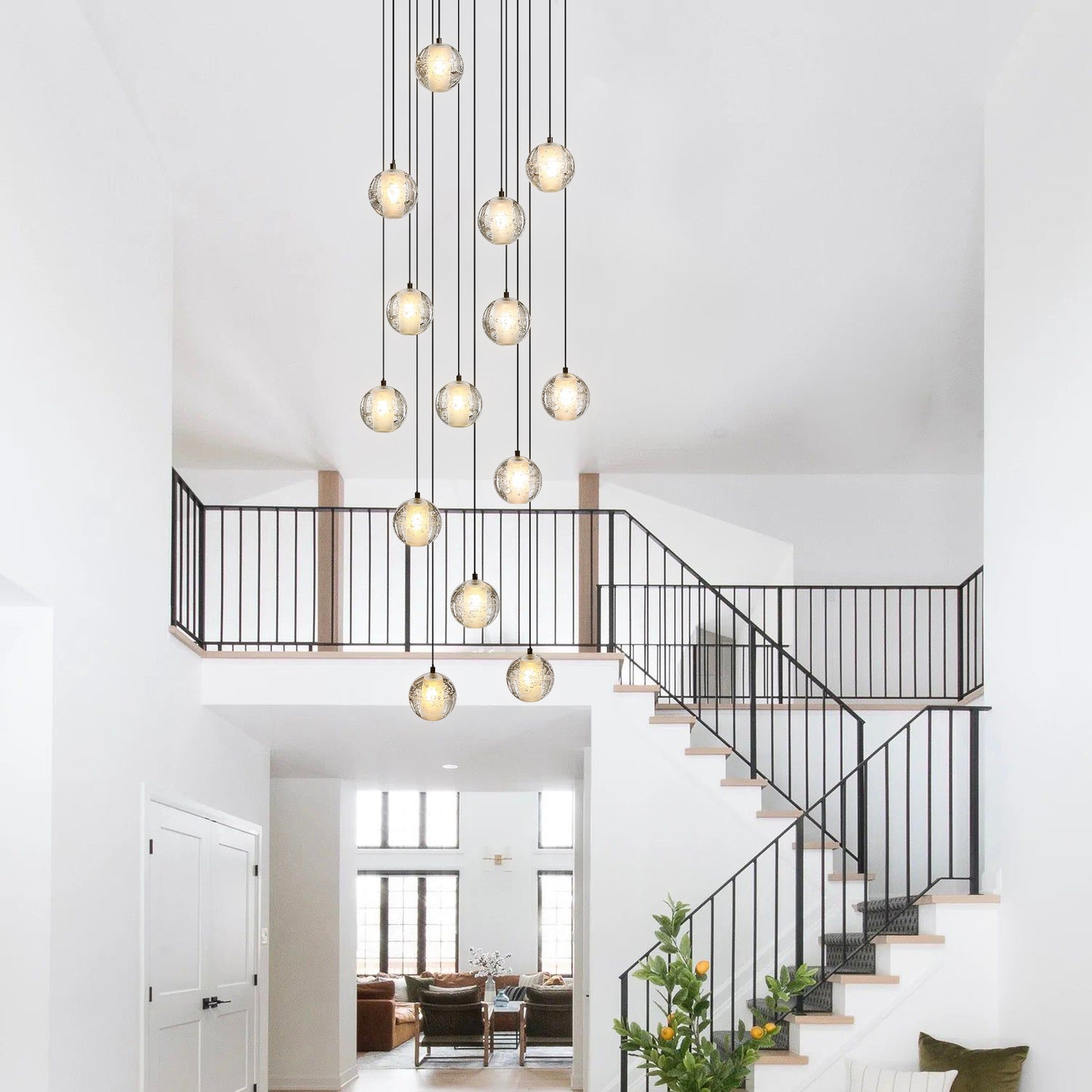 120 in. H 14-Light Black Staircase Chandelier Modern Pendant Light w/Glass Shade for High Ceiling Living Room EntryFoyer