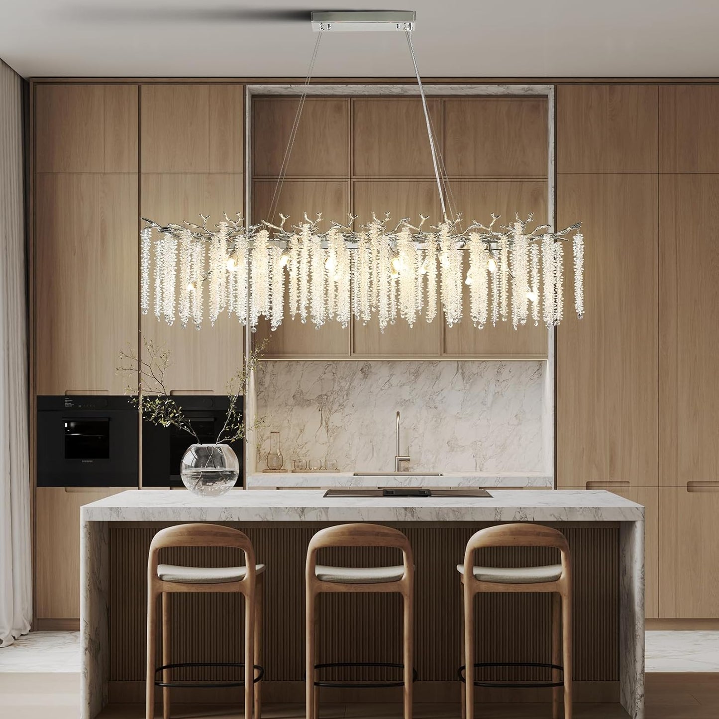 14-Light Silver Chandelier, Luxury Flush Mount Chandelier with K9 Crystal, for Dining Room, Living Room, Kitchen