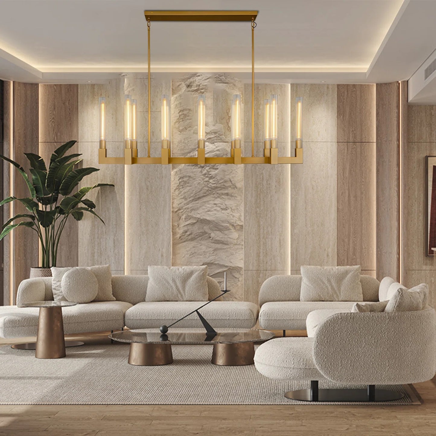 12-Light Copper Candlestick Chandelier, Modern Chandelier with Glass Shade, Retangular Luxurious Ceiling Pendant Light