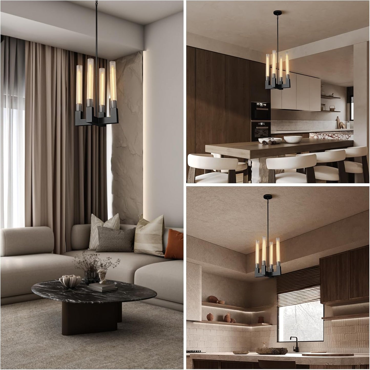 Luxury Pendant Light 12.6 in. 4-Light Black Modern Candle Style Chandelier with Glass Tube Dinning Room Kitchen Island