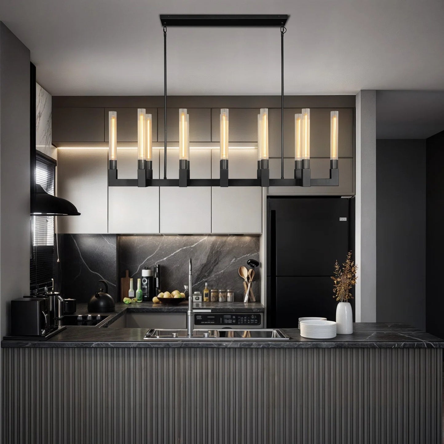 12-Light Black Candlestick Chandelier, Modern Chandelier with Glass Shade, Retangular Luxurious Ceiling Pendant Light