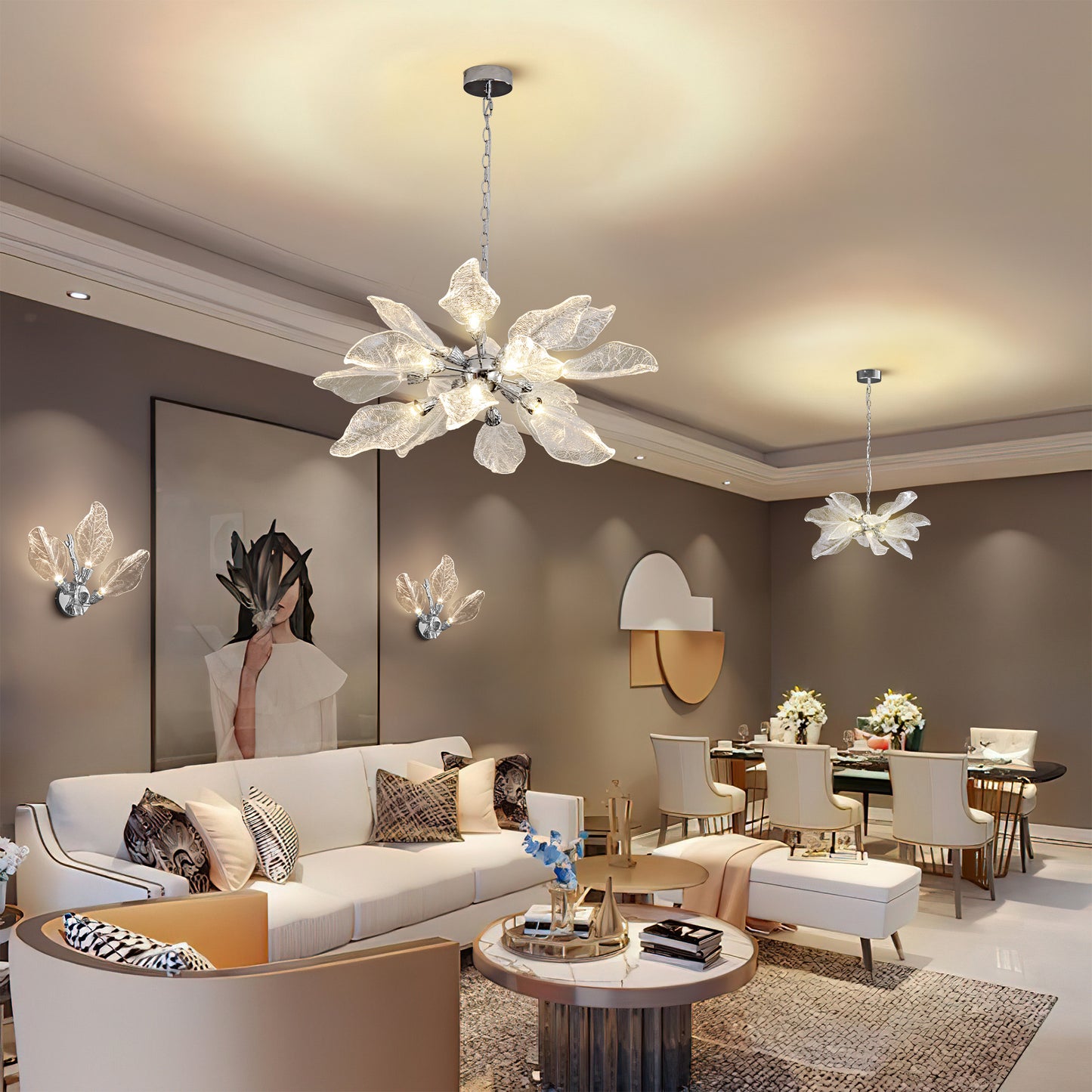 D31.5 in. 18-Light Silver Modern Chandelier, Crystal Leaf Chandelier for Bedroom, Dining Room, Living Room, Foyer