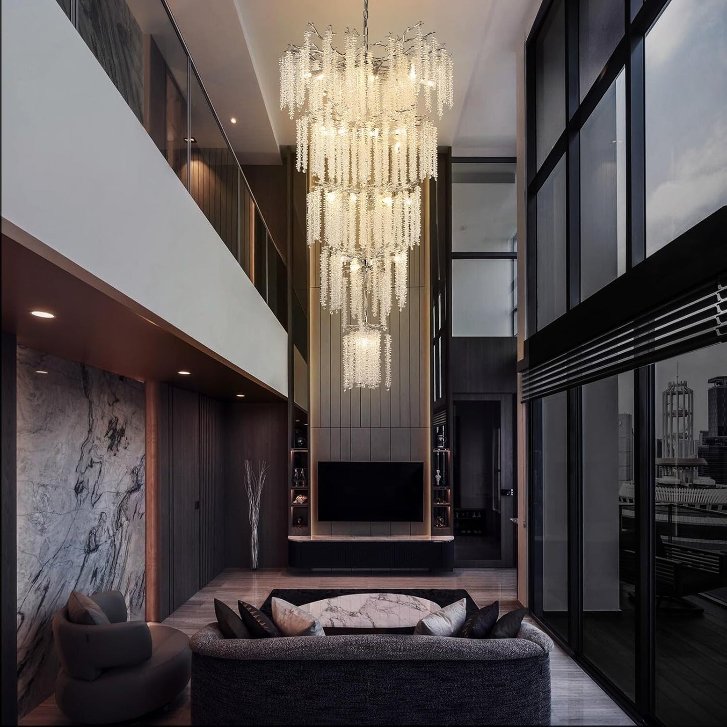 118 in. H, 28-Lights Silver Luxury Crystal Chandelier, Tree Branches Chandelier for Entryway High Ceiling Chandelier