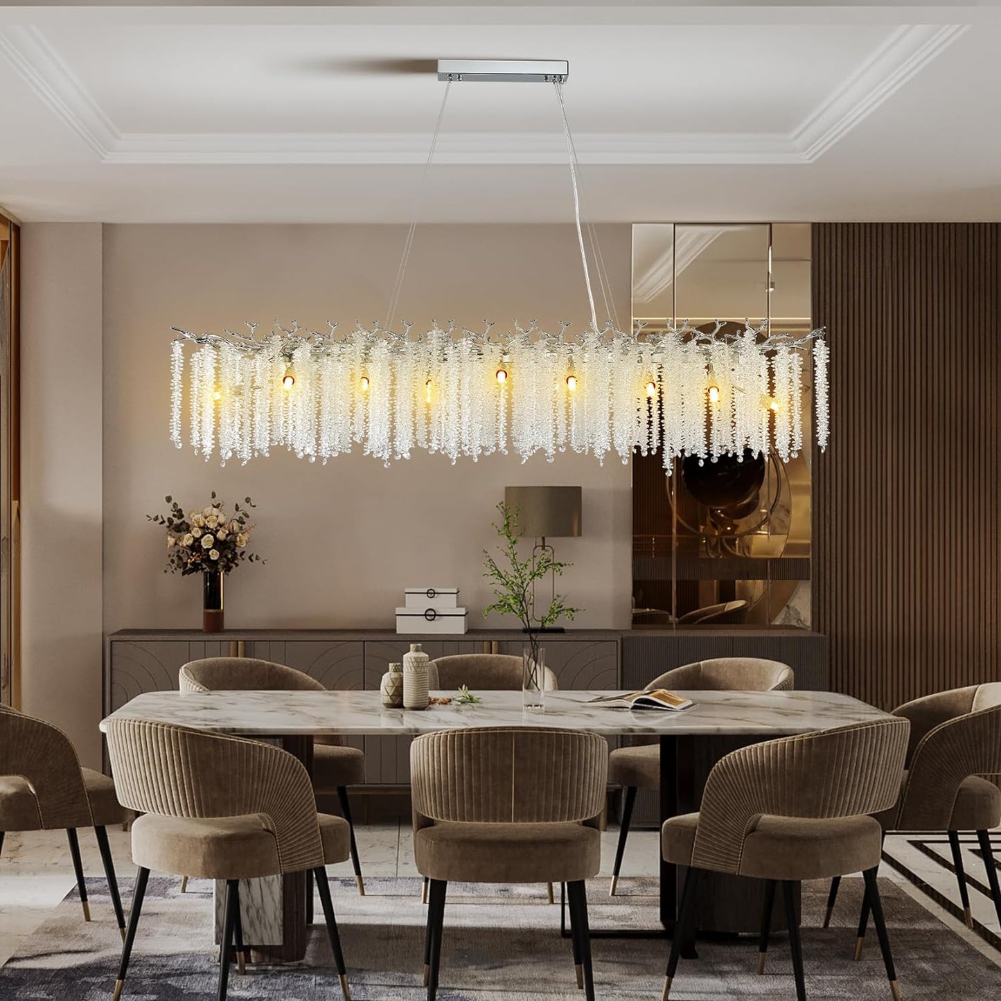 16-Light Silver Chandelier, Luxury Flush Mount Chandelier with K9 Crystal, for Dining Room, Living Room, Kitchen