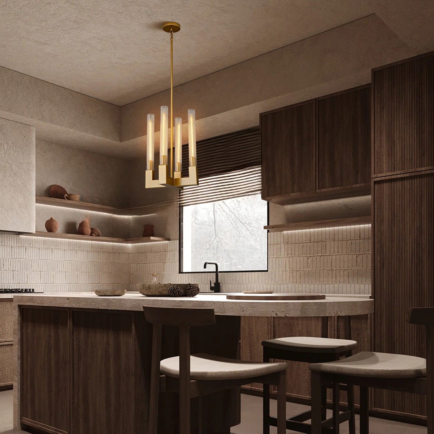 Luxury Pendant Light 12.6 in. 4-Light Gold Modern Candle Style Chandelier with Glass Tube Dinning Room Kitchen Island