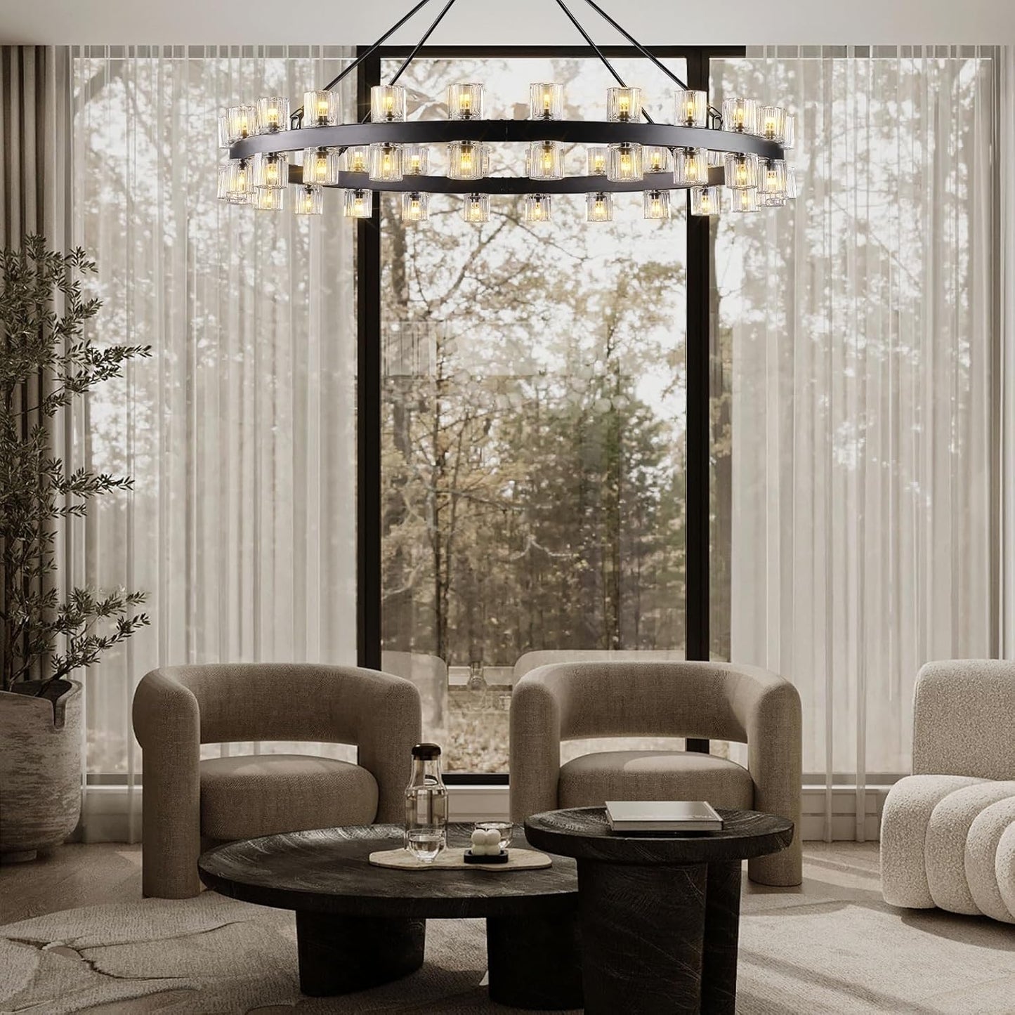 48-Light Black Round Chandelier, 48 in. Modern K9 Crystal Chandelier for Dining Room, Living Room, Foyer