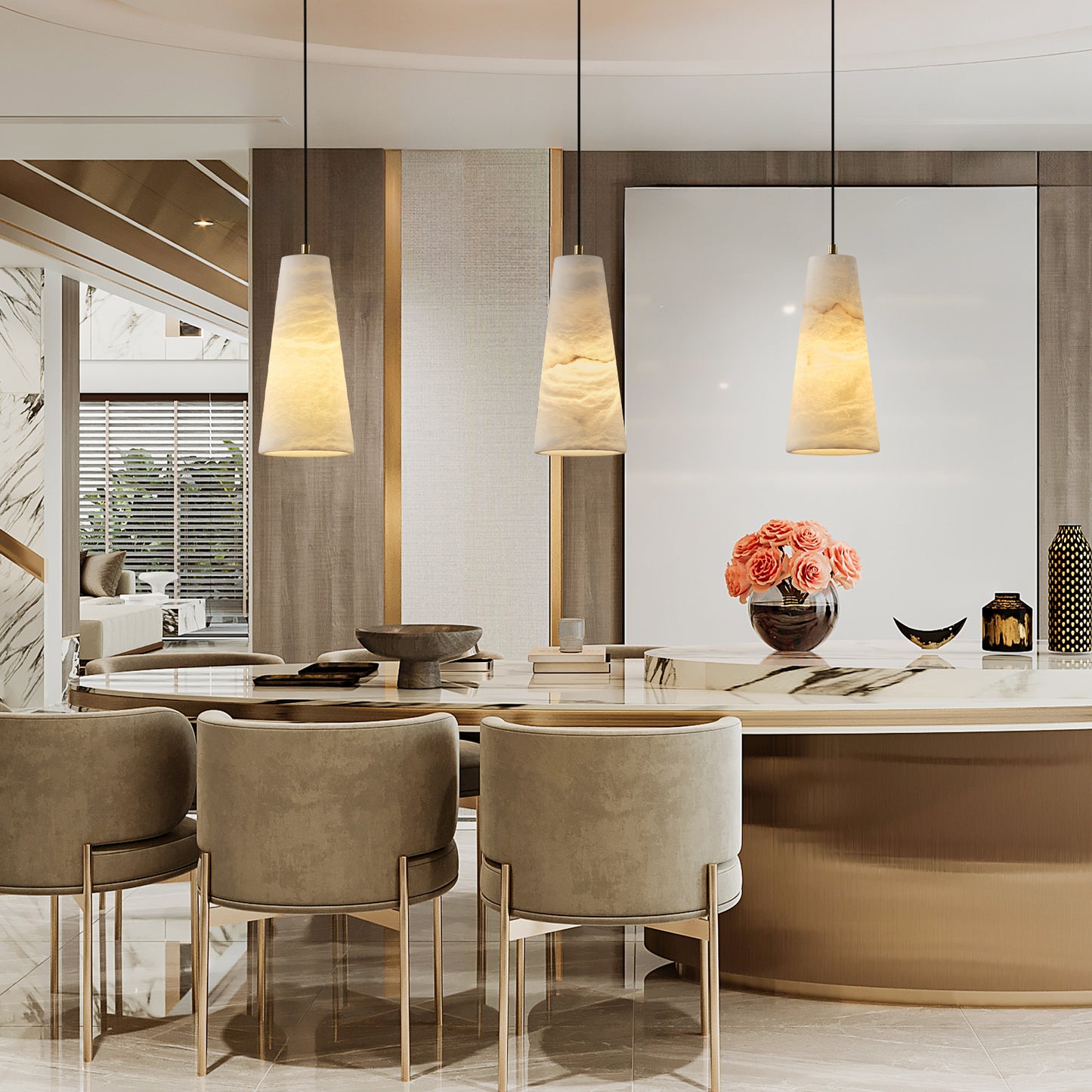 1-Light Gold Pendant Light, Conical Natural Alabaster Shade Pendant Light for Dining Room, Kitchen Island(Bulb Included)