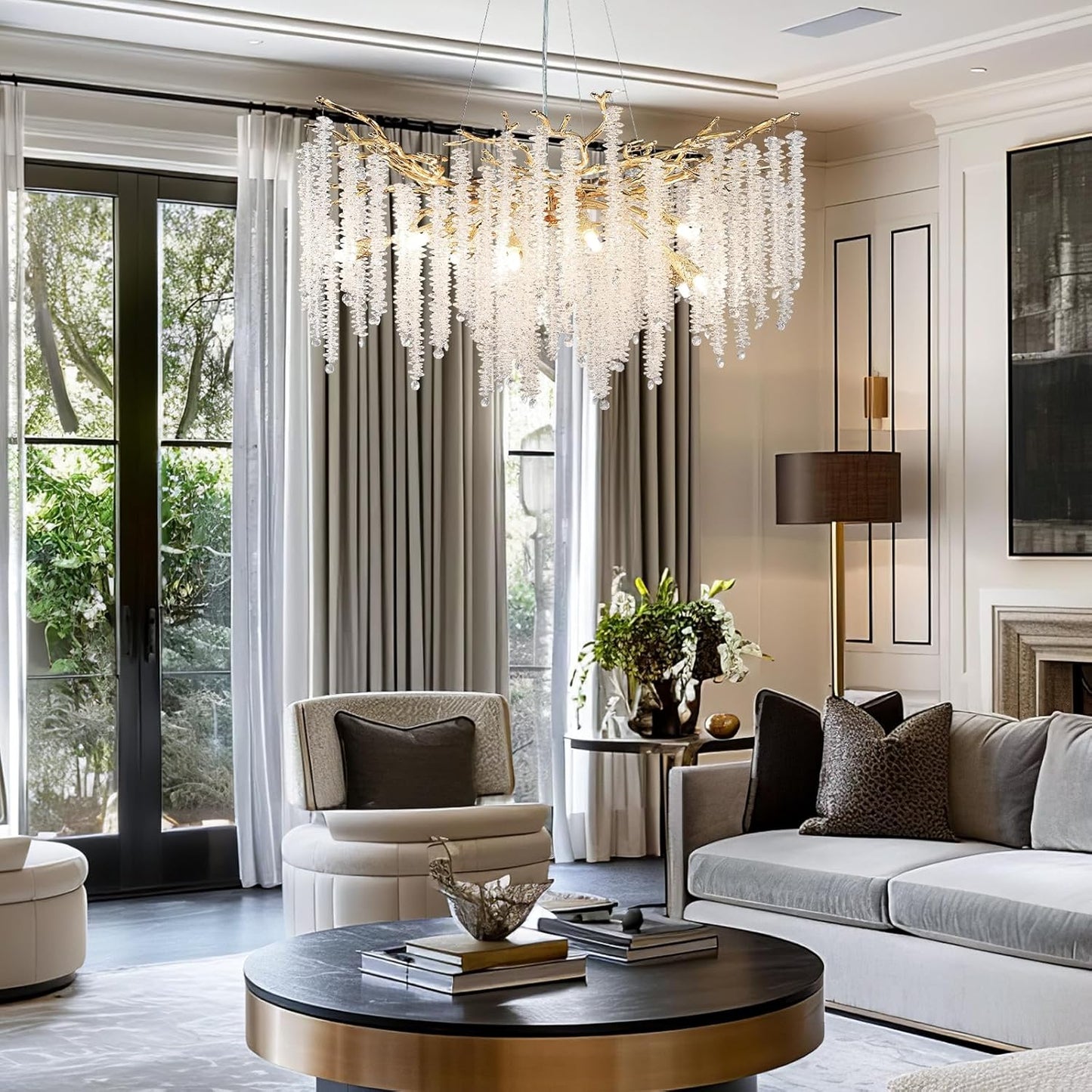 30in. 10-Light Modern Crystal Chandelier, Gold Round Luxury Tree Branch Chandelier for Dining Room, Living Room, Bedroom
