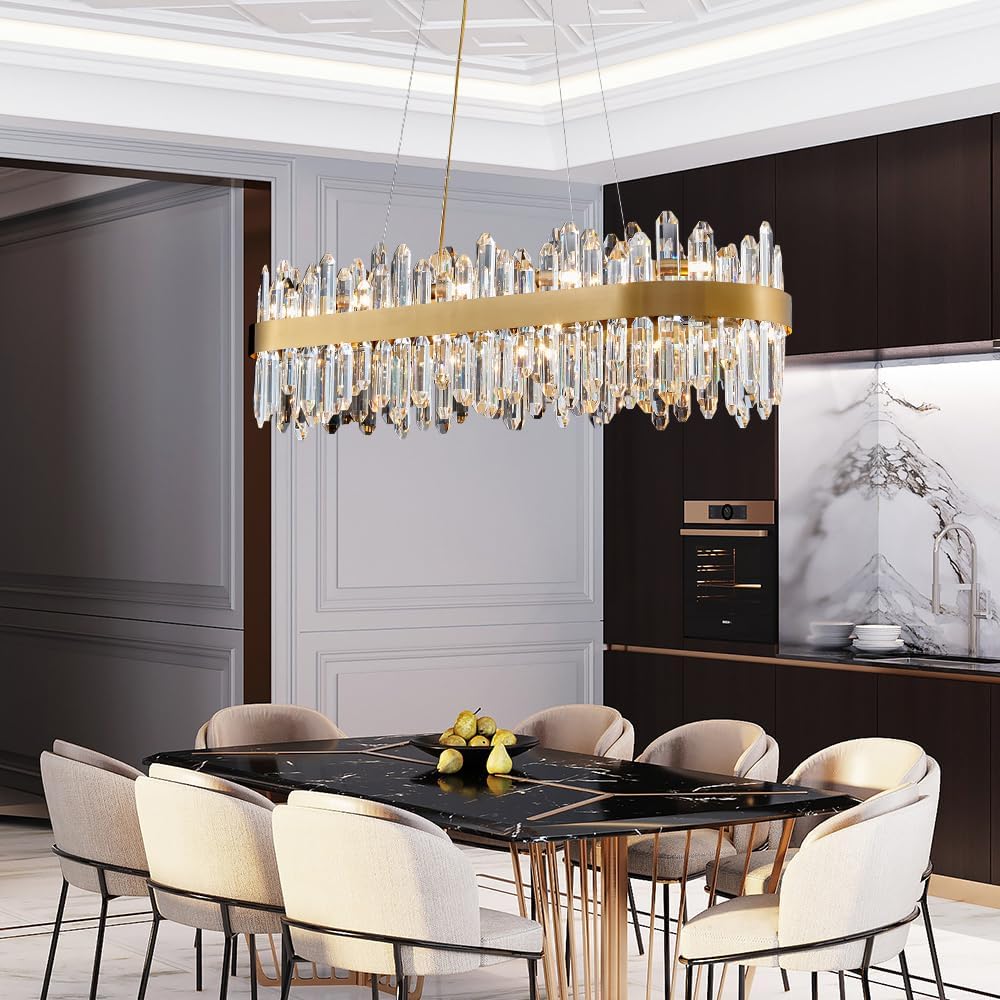 35.4 in. 16-Light Gold Crystal Chandelier, Modern Rectangular K9 Crystal Hanging Pendant Ceiling Light Fixture