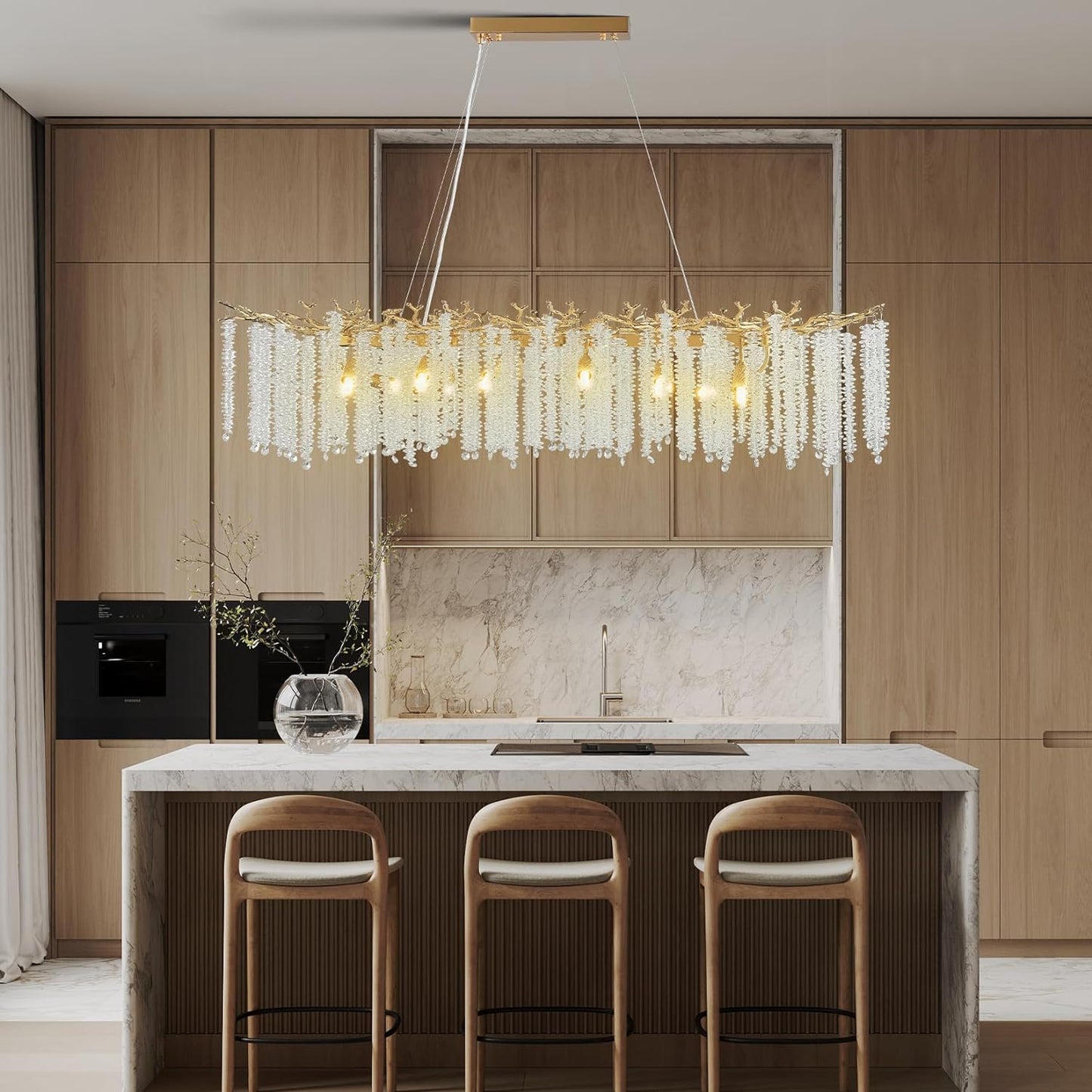 14-Light Gold Chandelier, Luxury Flush Mount Chandelier with K9 Crystal, for Dining Room, Living Room, Kitchen and Foyer