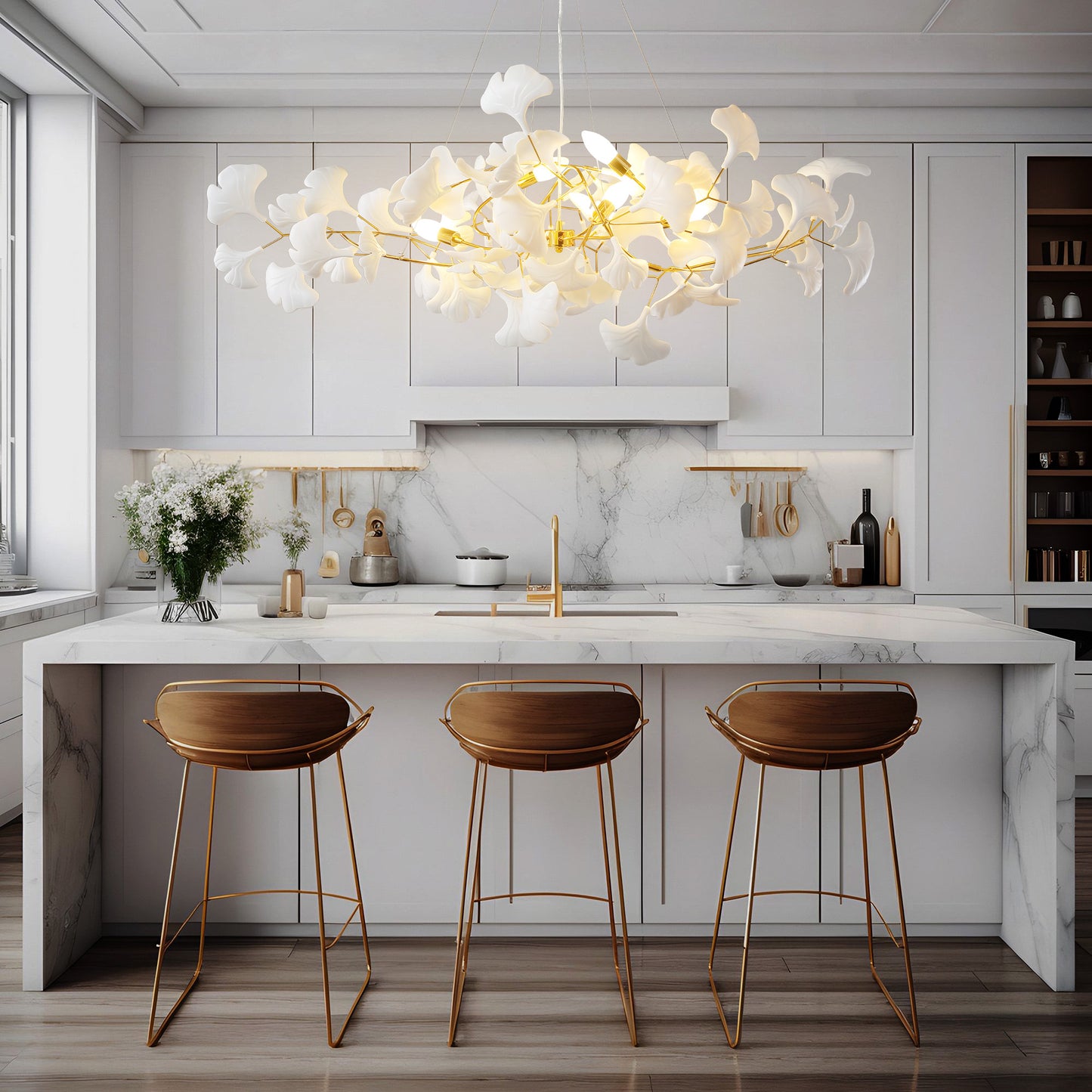 6-Light Gold Chandelier, Luxury Ginkgo Branch Chandelier for Living Room, Dining Room, Foyer, Kitchen Island-L 47 in.