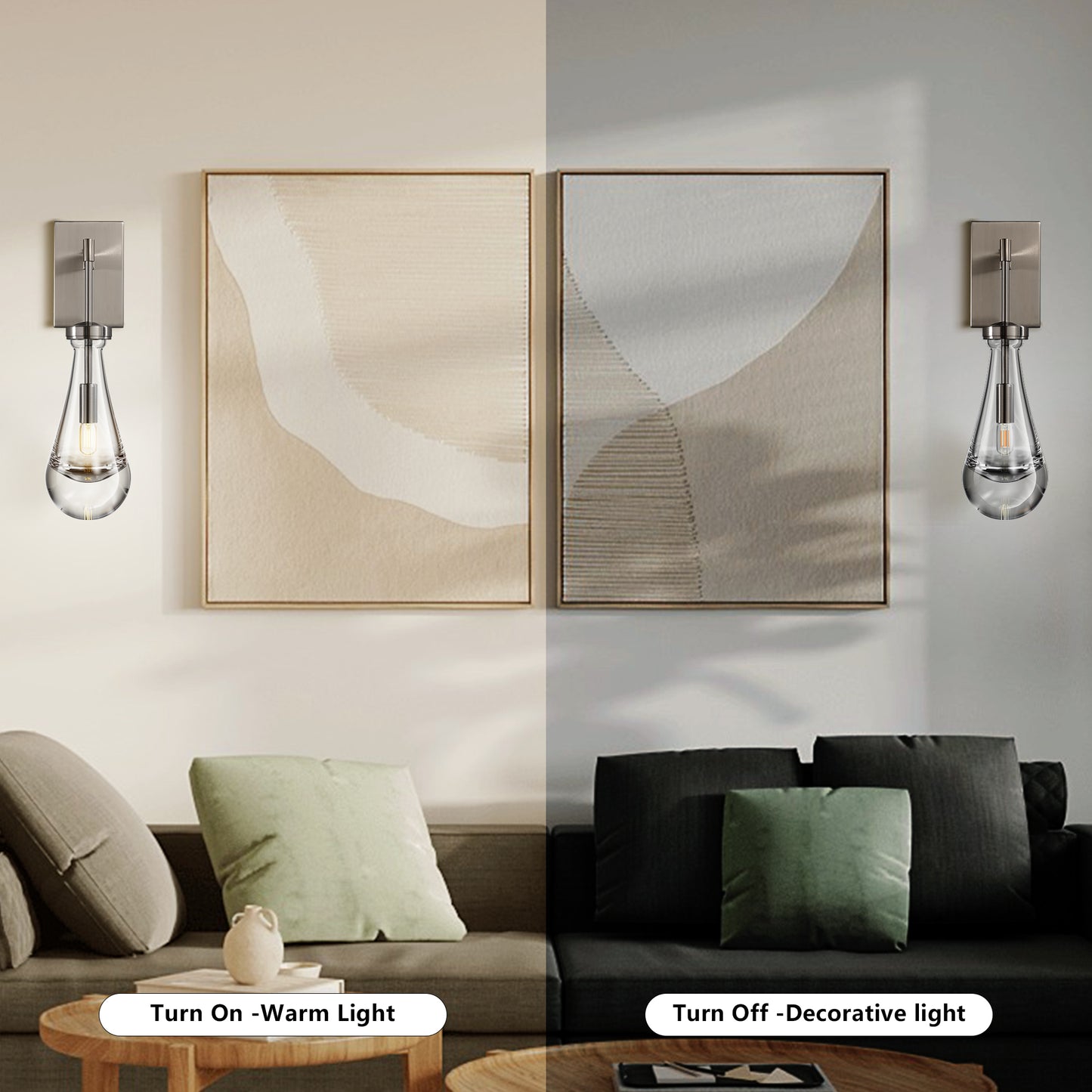 17.7 in. 1 Light Silver Wall Sconce, Raindrop Wall Lighting with Hand Blown Solid Glass, Brass Base and Rod (1 Set)