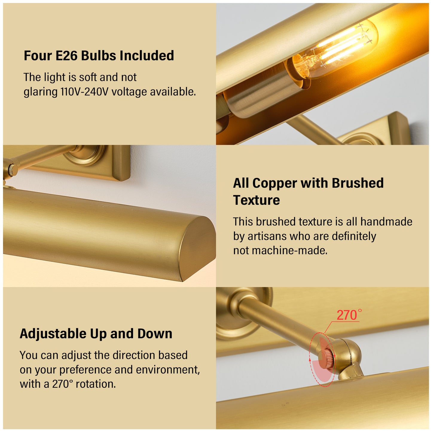 24 in. 1-Light Copper LED Vanity Light, Solid Brass Modern Wall Sconce (Set of 2)