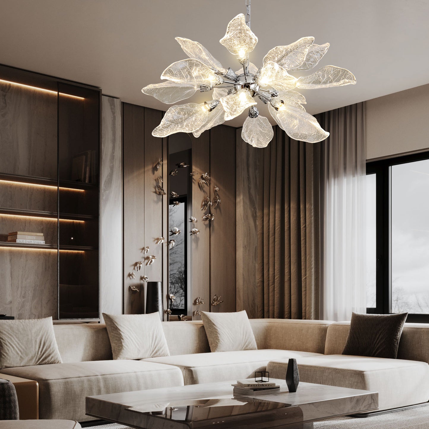 D31.5 in. 18-Light Silver Modern Chandelier, Crystal Leaf Chandelier for Bedroom, Dining Room, Living Room, Foyer