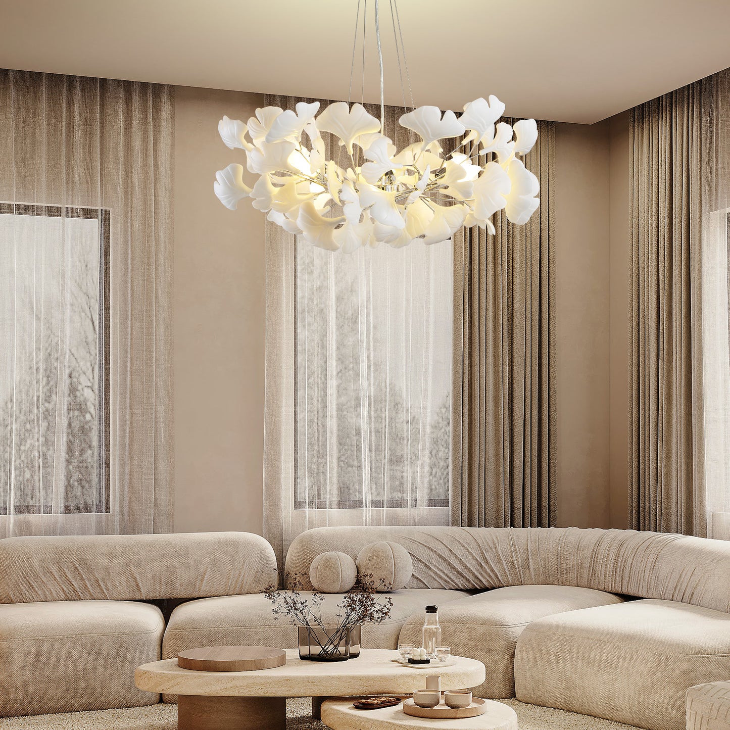 6 Light Silver Chandelier, Luxury Ginkgo Branch Chandelier for Living Room, Dining Room, Foyer, Kitchen Island-L31 in.