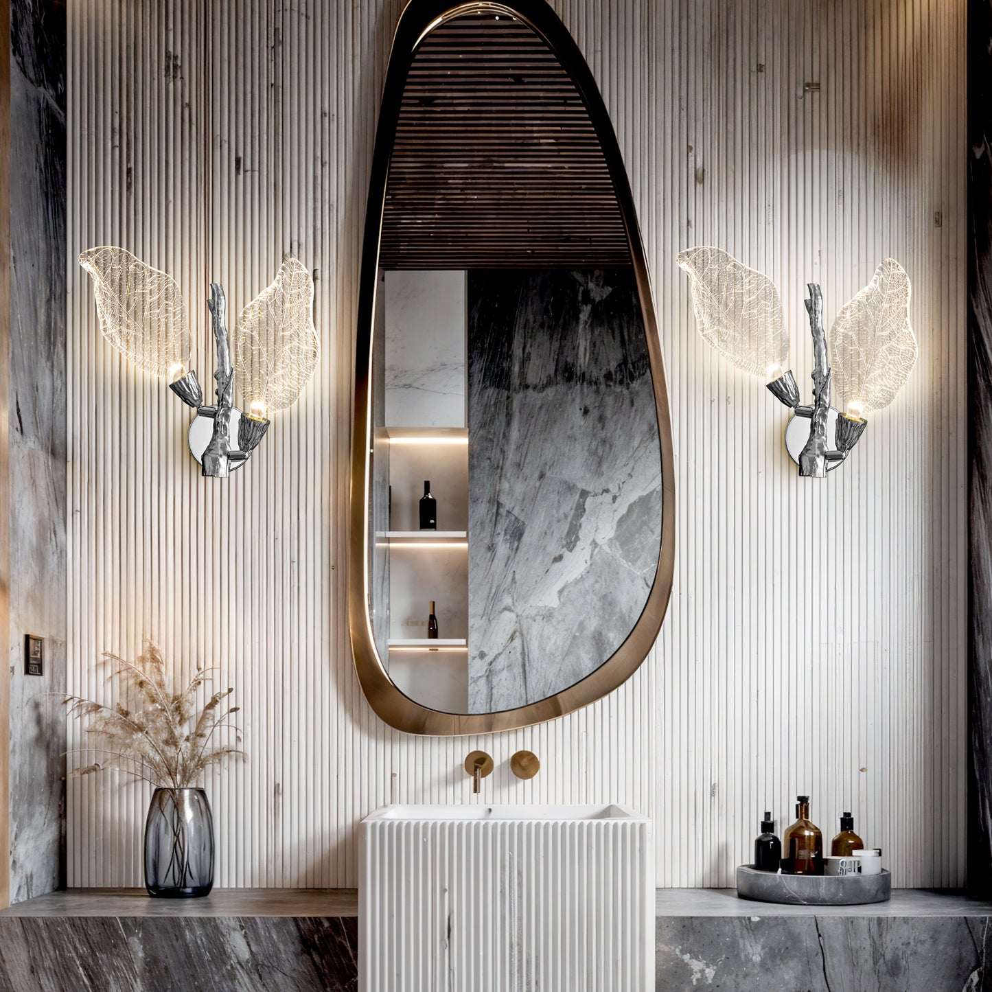 2-Light Silver Bionic Leaf Wall Sconce, LED Vanity Lighting Fixtures for Bathroom Hallway, Living Room, Stairs