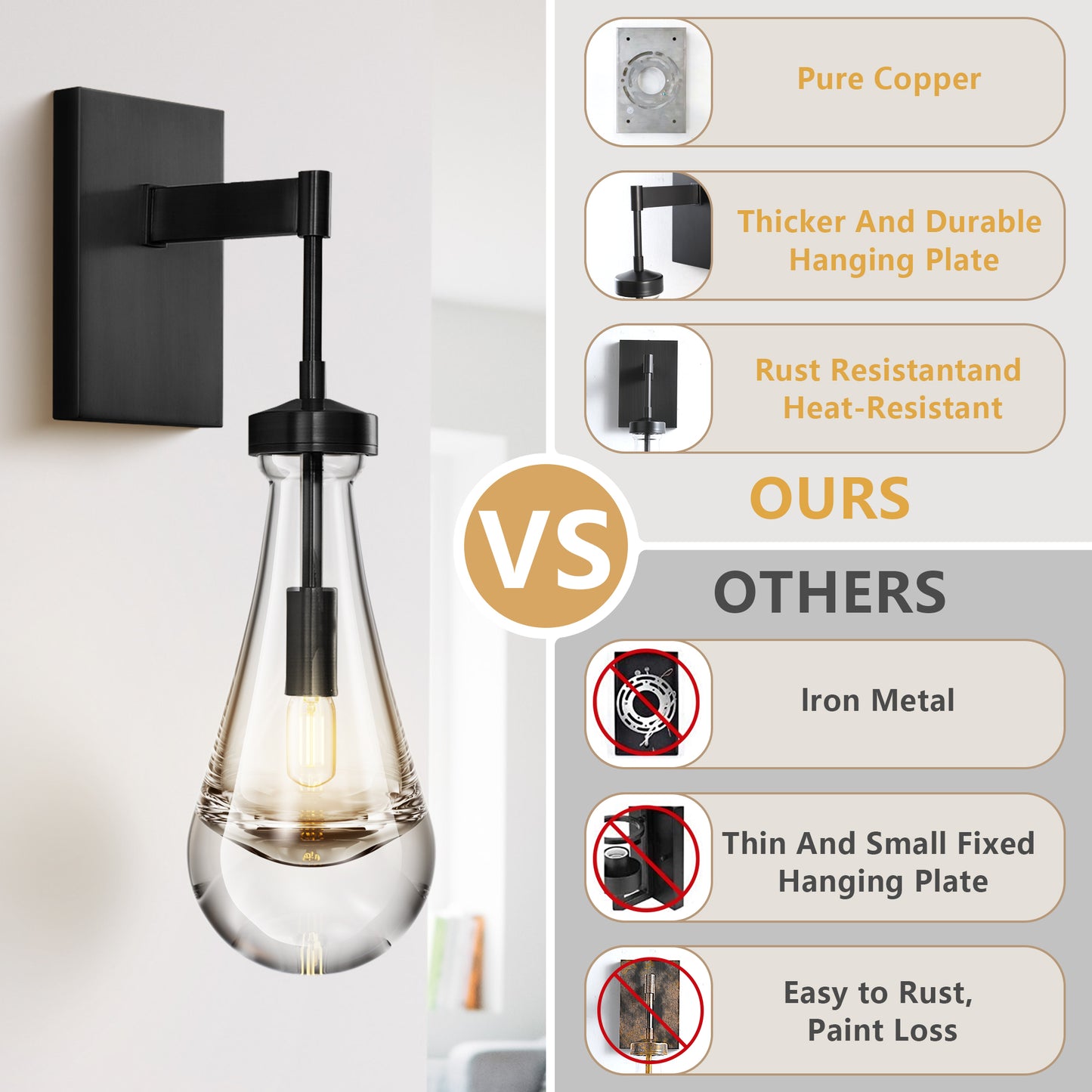 17.7 in. 1 Light Black Wall Sconce, Raindrop Wall Lighting with Hand Blown Solid Glass, Brass Base and Rod (1 Set)