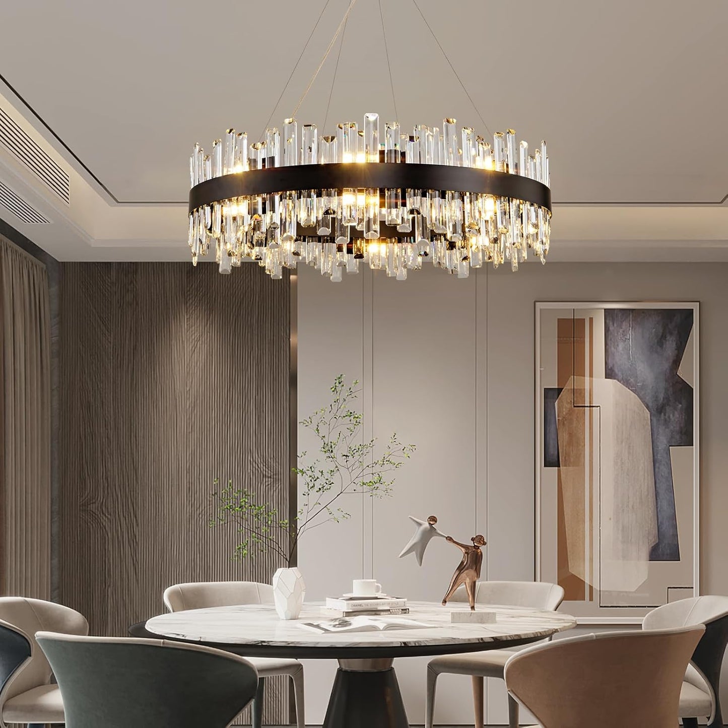 31.5 in. 16-Light Black Crystal Chandelier, Modern Round K9 Crystal Hanging Pendant Ceiling Light Fixture