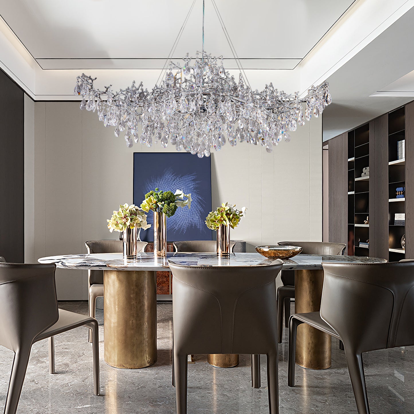 47.2" 14-Lights Silver Luxury Crystal Linear Chandelier, Modern Branch Chandelier for Dinning Room, Kitchen, Living Room