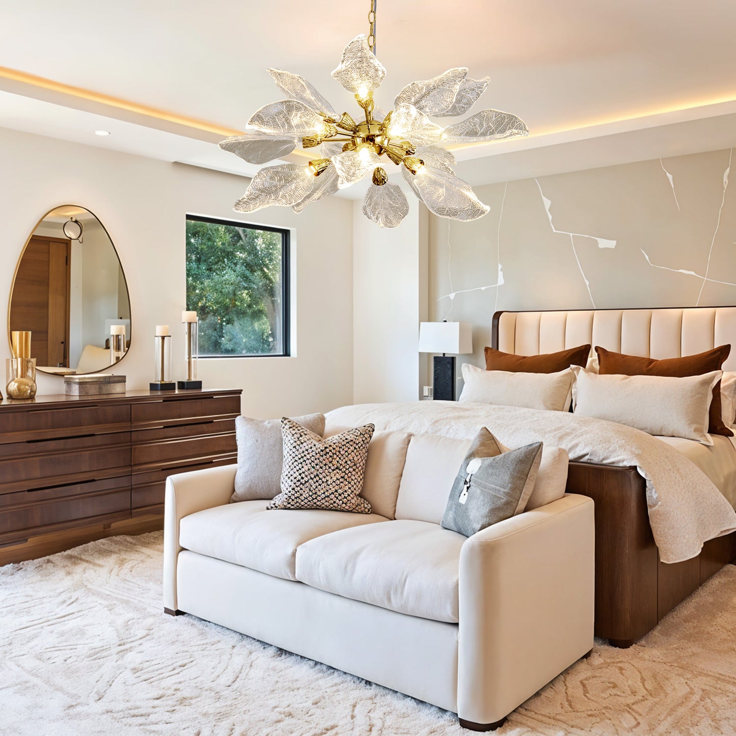 D31.5 in. 18-Light Gold Modern Chandelier, Crystal Leaf Chandelier for Bedroom, Dining Room, Living Room, Foyer