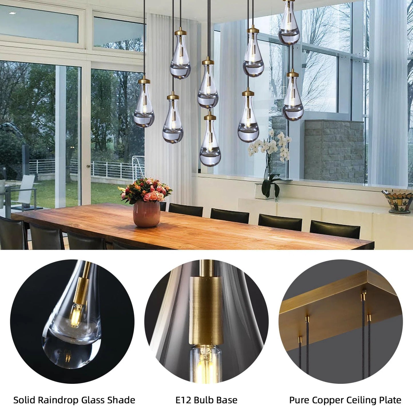 9-Light Gold Raindrop Chandelier, Modern Glass Pendant Light for Living Room, Kitchen Island, Bulb Included