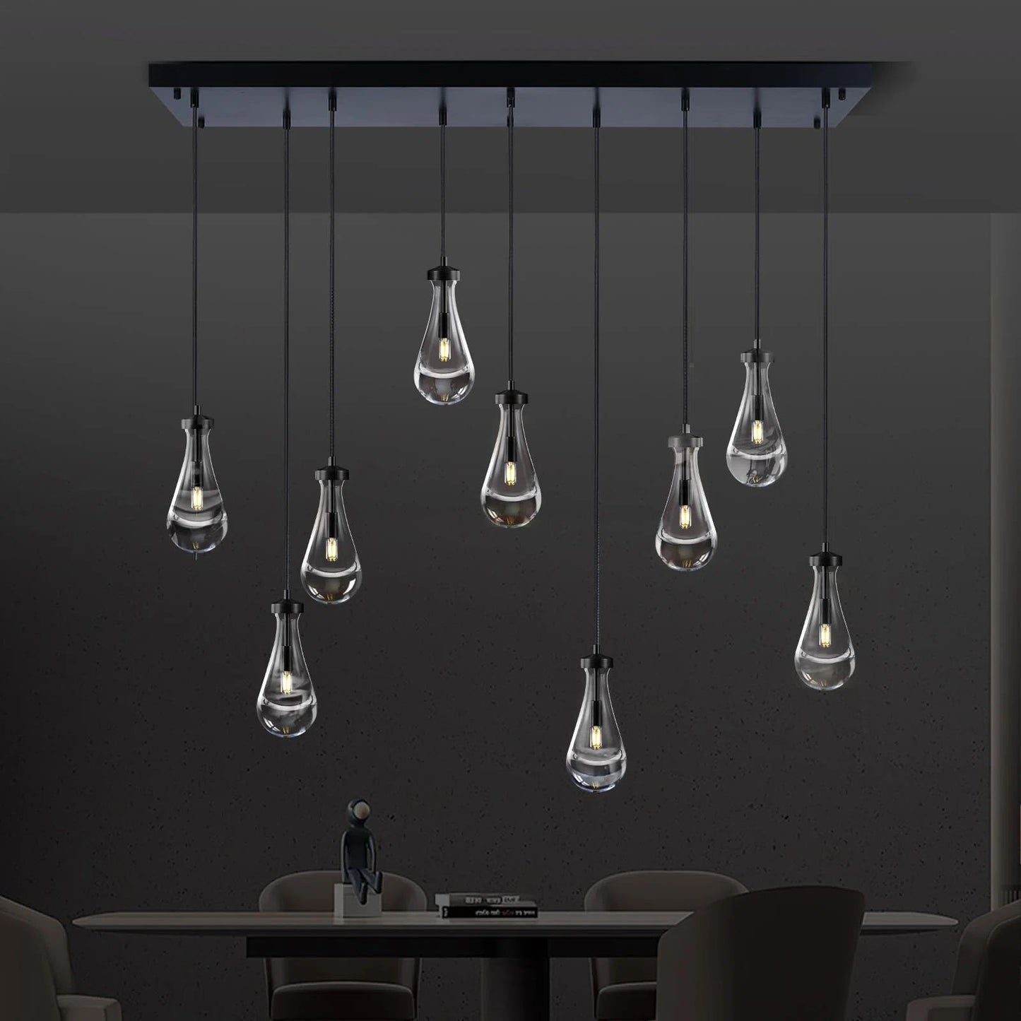 9-Lights Black Raindrop Chandelier, Modern Glass Pendant Light for Living Room, Kitchen Island, Bulb Included