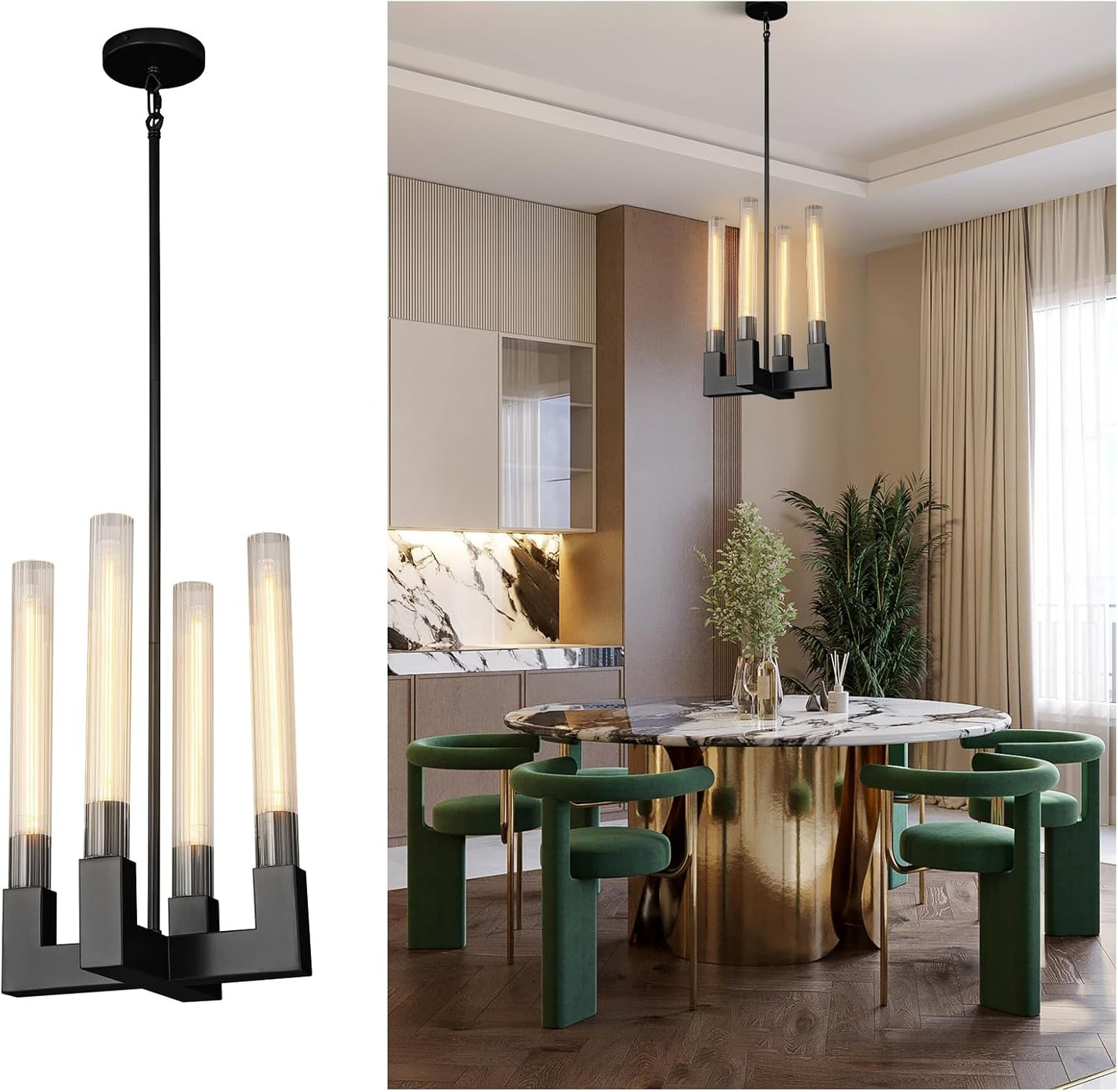 Luxury Pendant Light 12.6 in. 4-Light Black Modern Candle Style Chandelier with Glass Tube Dinning Room Kitchen Island