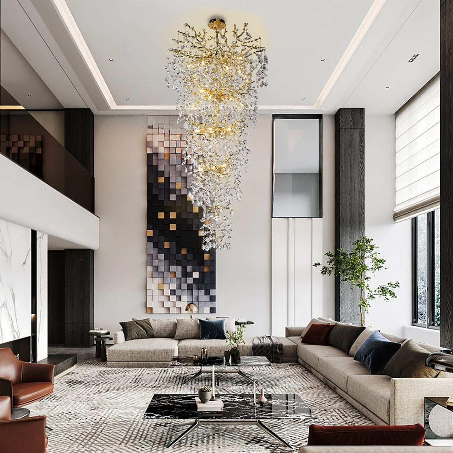 Modern Chandelier 118 in. 28-Light Crystal Gold Chandelier for Foyer, Living room, Multiple Tiers Chandelier