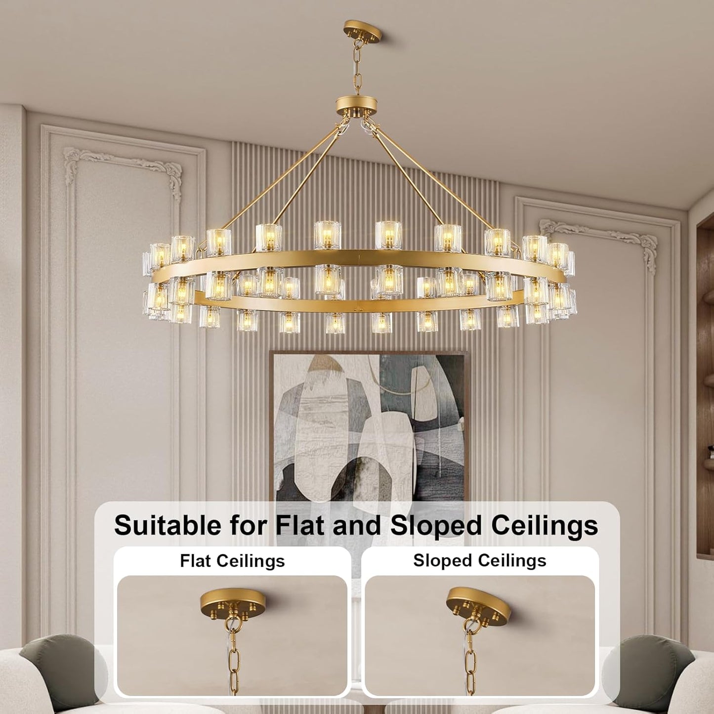 48-Light Gold Round Chandelier, 48 in. Modern K9 Crystal Chandelier for Dining Room, Living Room, Foyer