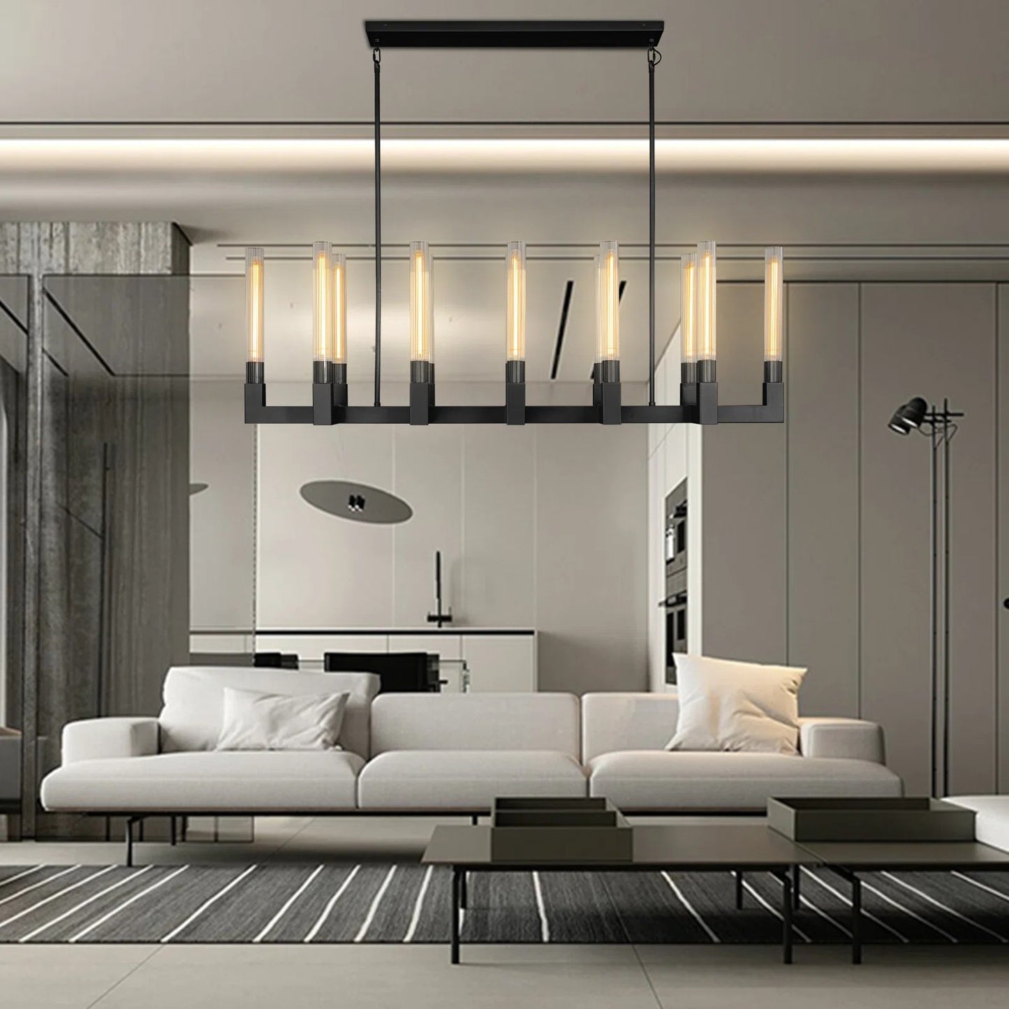 12-Light Black Candlestick Chandelier, Modern Chandelier with Glass Shade, Retangular Luxurious Ceiling Pendant Light