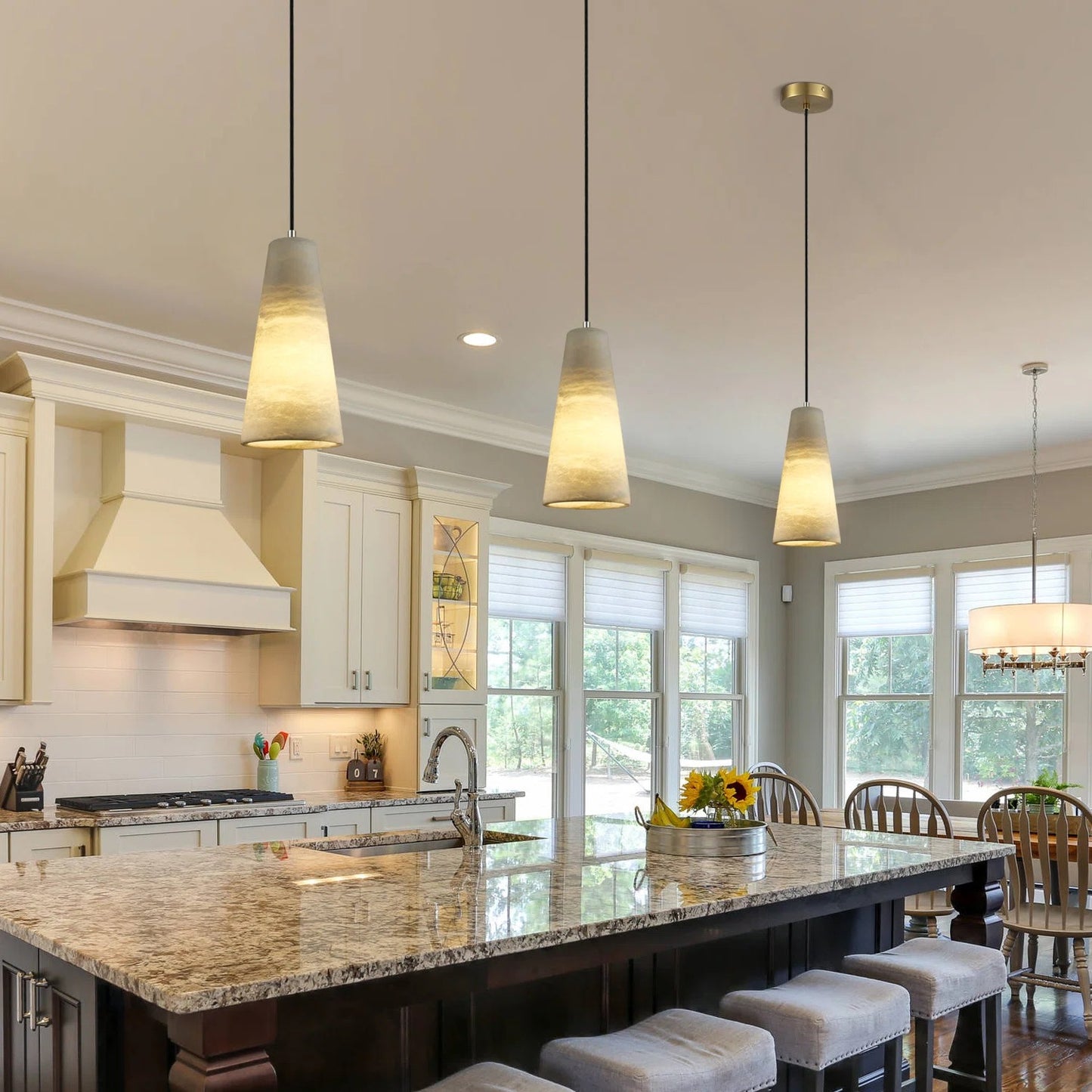 1-Light Gold Pendant Light, Conical Natural Alabaster Shade Pendant Light for Dining Room, Kitchen Island(Bulb Included)