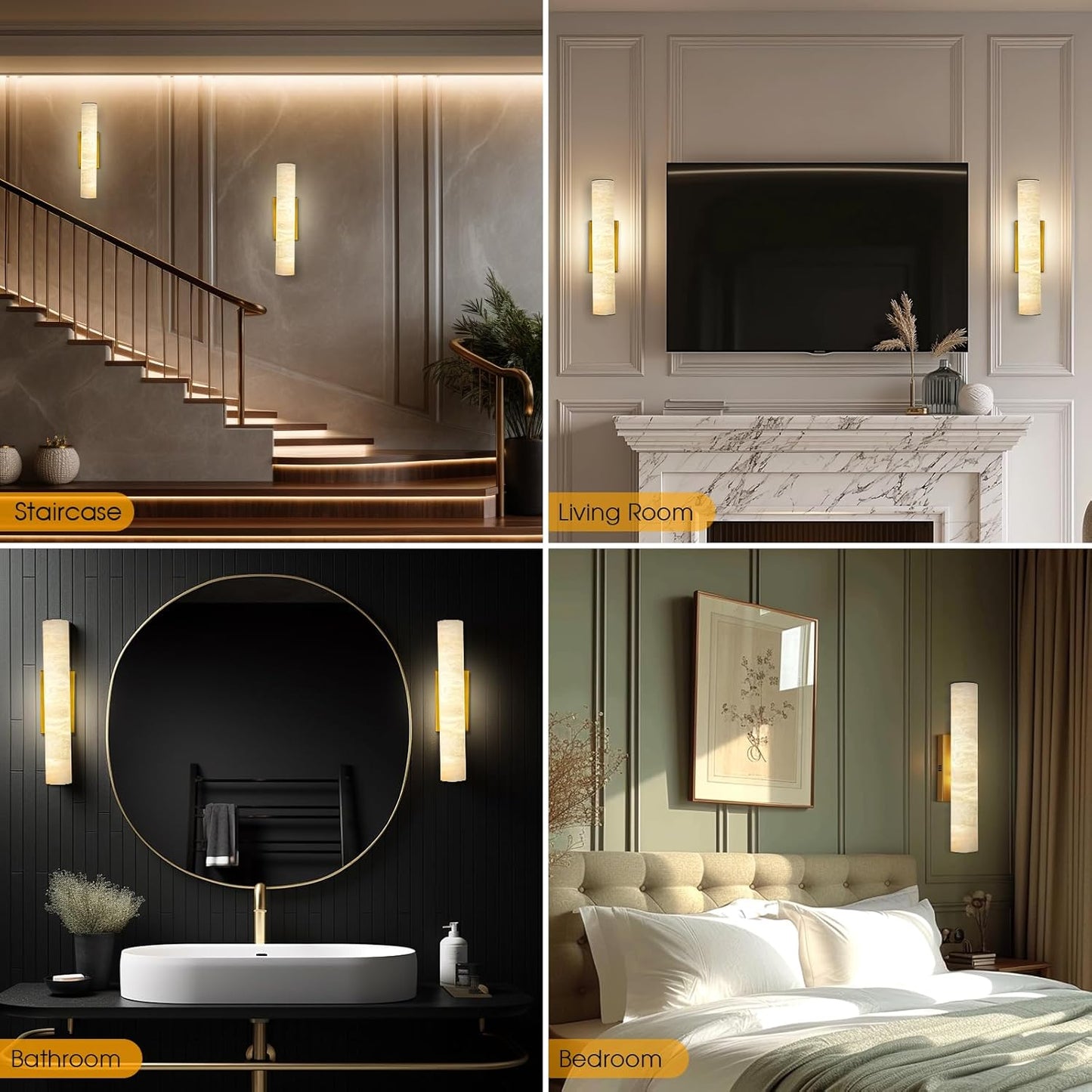 1-Light 20" Modern Gold LED Alabaster Wall Sconce, Cylinder Natural Marble Wall Light for Living Room, Bedroom, Hallway