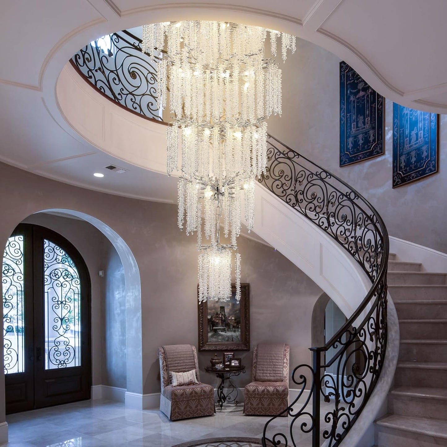 118 in. H, 28-Lights Silver Luxury Crystal Chandelier, Tree Branches Chandelier for Entryway High Ceiling Chandelier