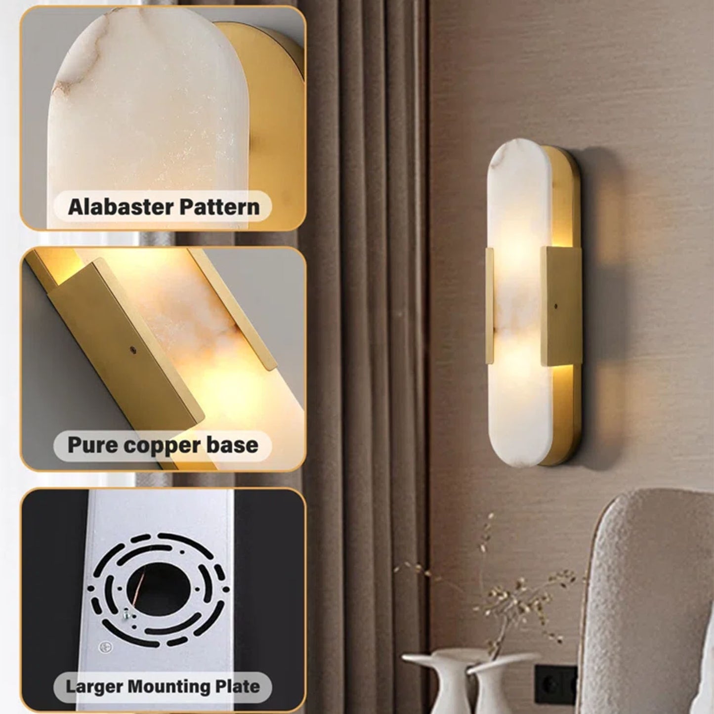19.8 in. 2-Light Alabaster Gold Wall Sconce, Natural Marble Wall Light for Living Room, Dining Room, Bedroom (2-Sets)