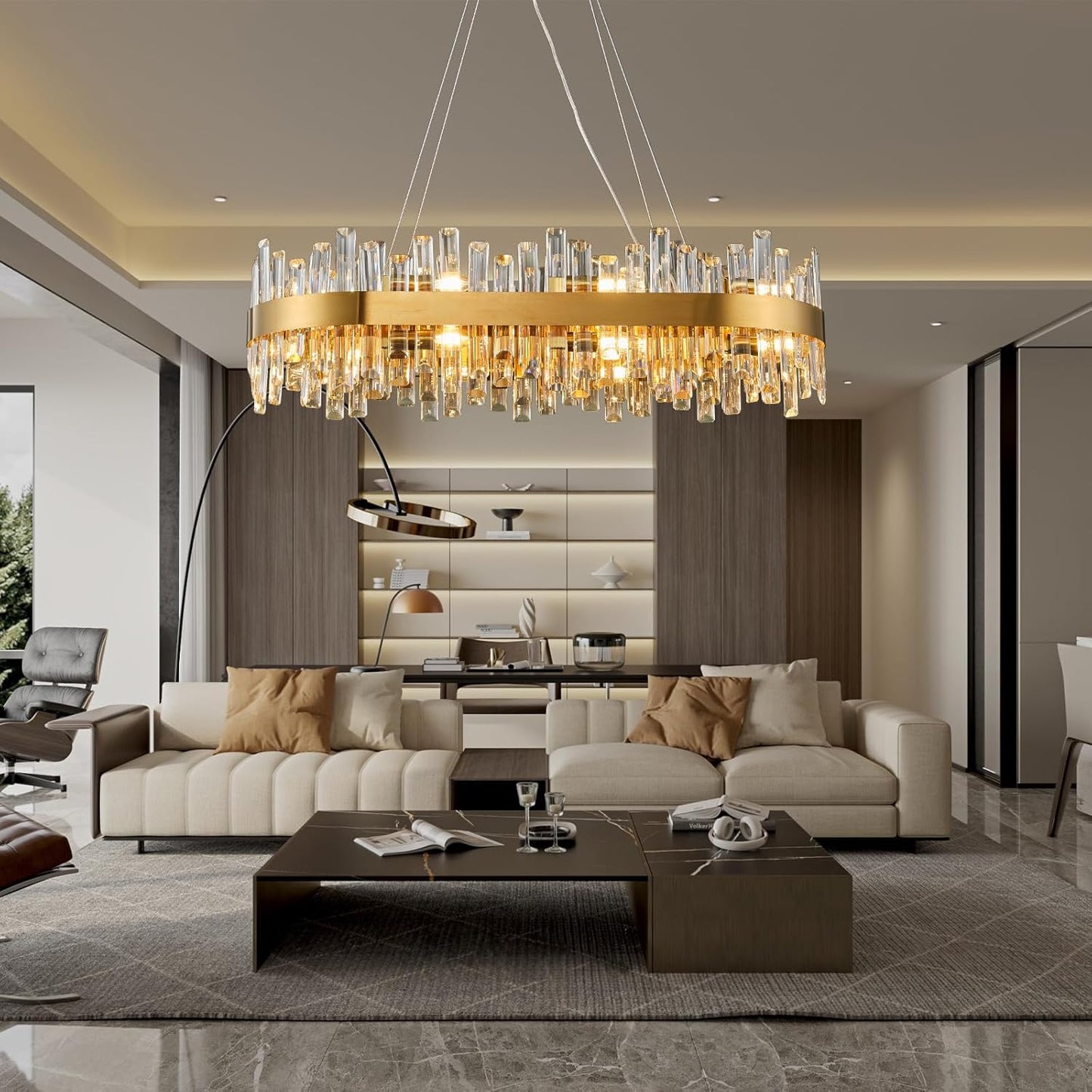 Farmhouse 35.4 in. 16-Light Gold Chandelier, Modern Rectangular K9 Crystal Chandelier for Dining Room, Kitchen Island