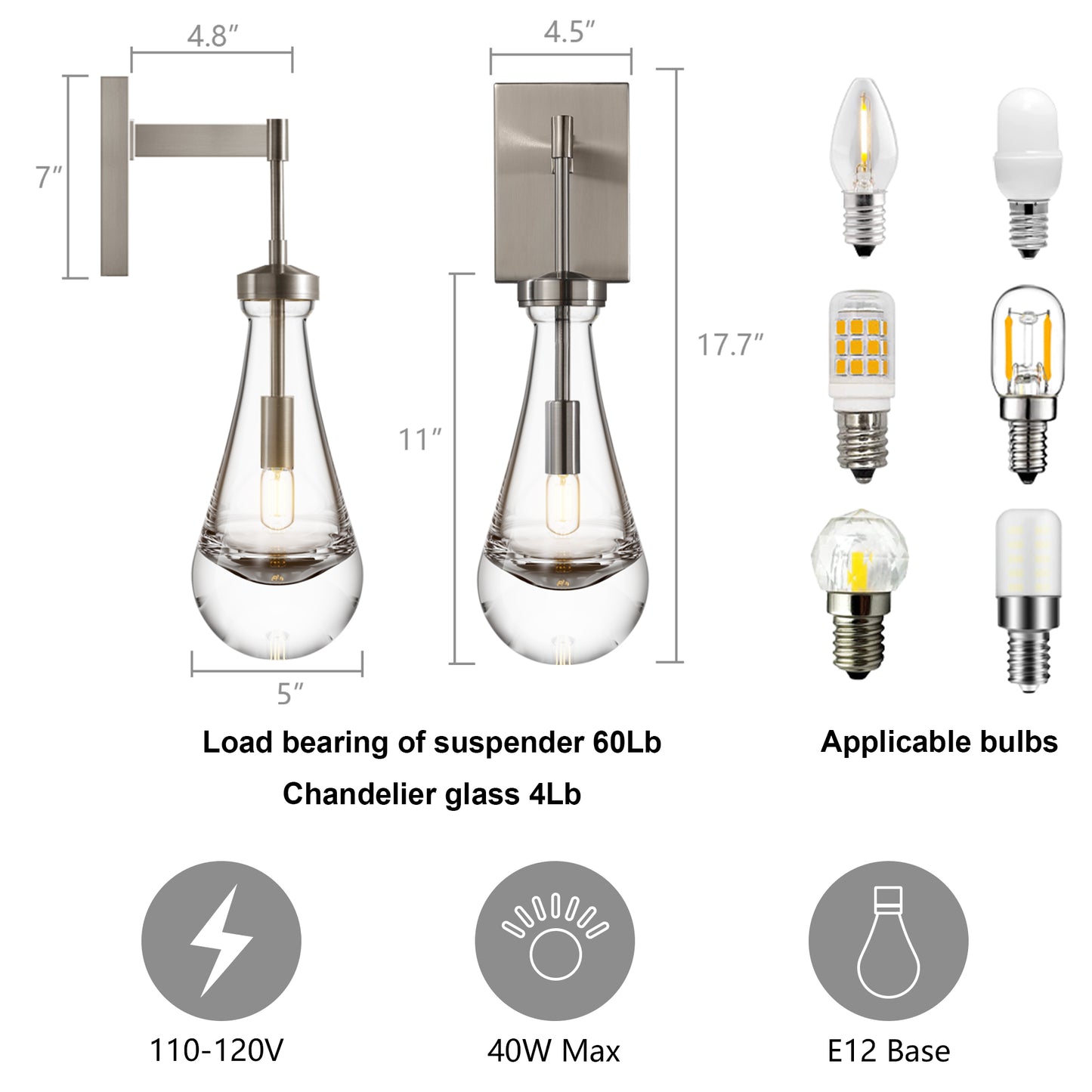 17.7 in. 1 Light Silver Wall Sconce, Raindrop Wall Lighting with Hand Blown Solid Glass, Brass Base and Rod (1 Set)
