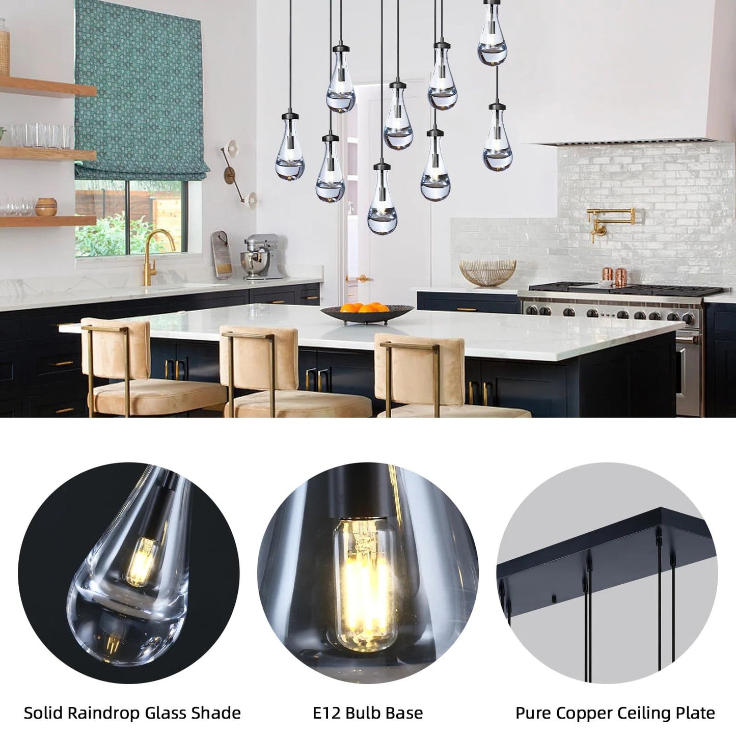 9-Lights Black Raindrop Chandelier, Modern Glass Pendant Light for Living Room, Kitchen Island, Bulb Included