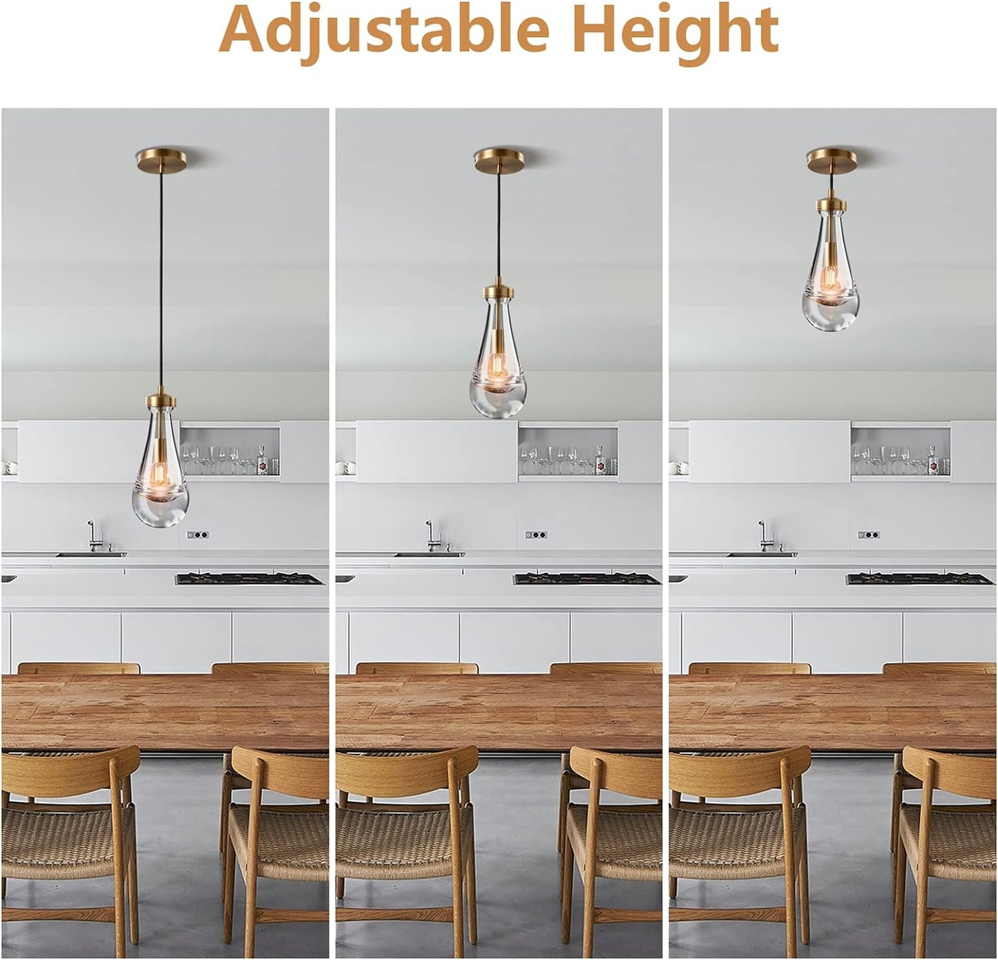 1-Light Modern Gold Chandelier, Pendant Light Kitchen Island with Raindrop Glass Shade (2-Sets)