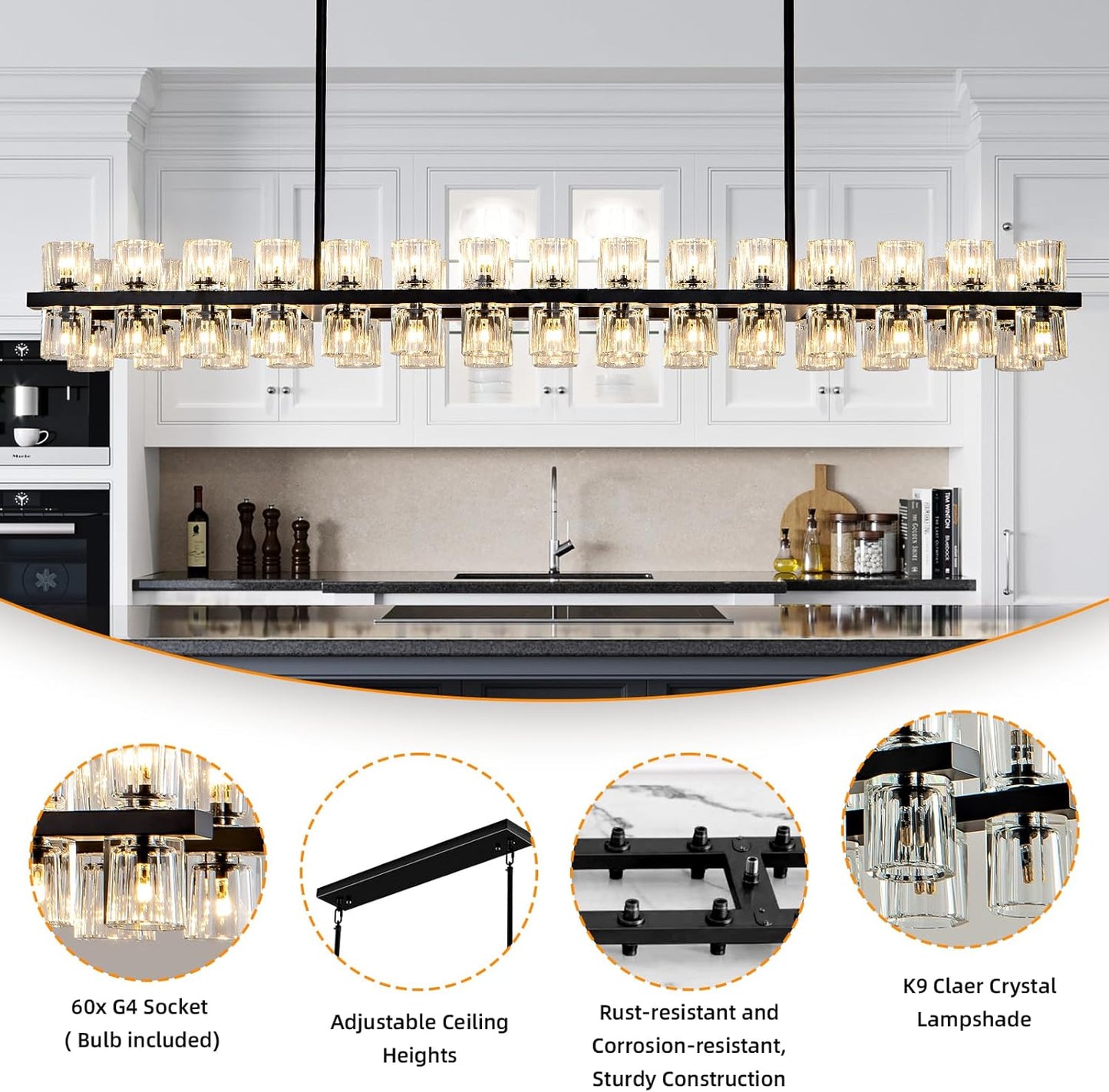 60-Light Black Rectangular Chandelier, 54 in. Modern K9 Crystal Chandelier for Dining Room, Living Room, Foyer